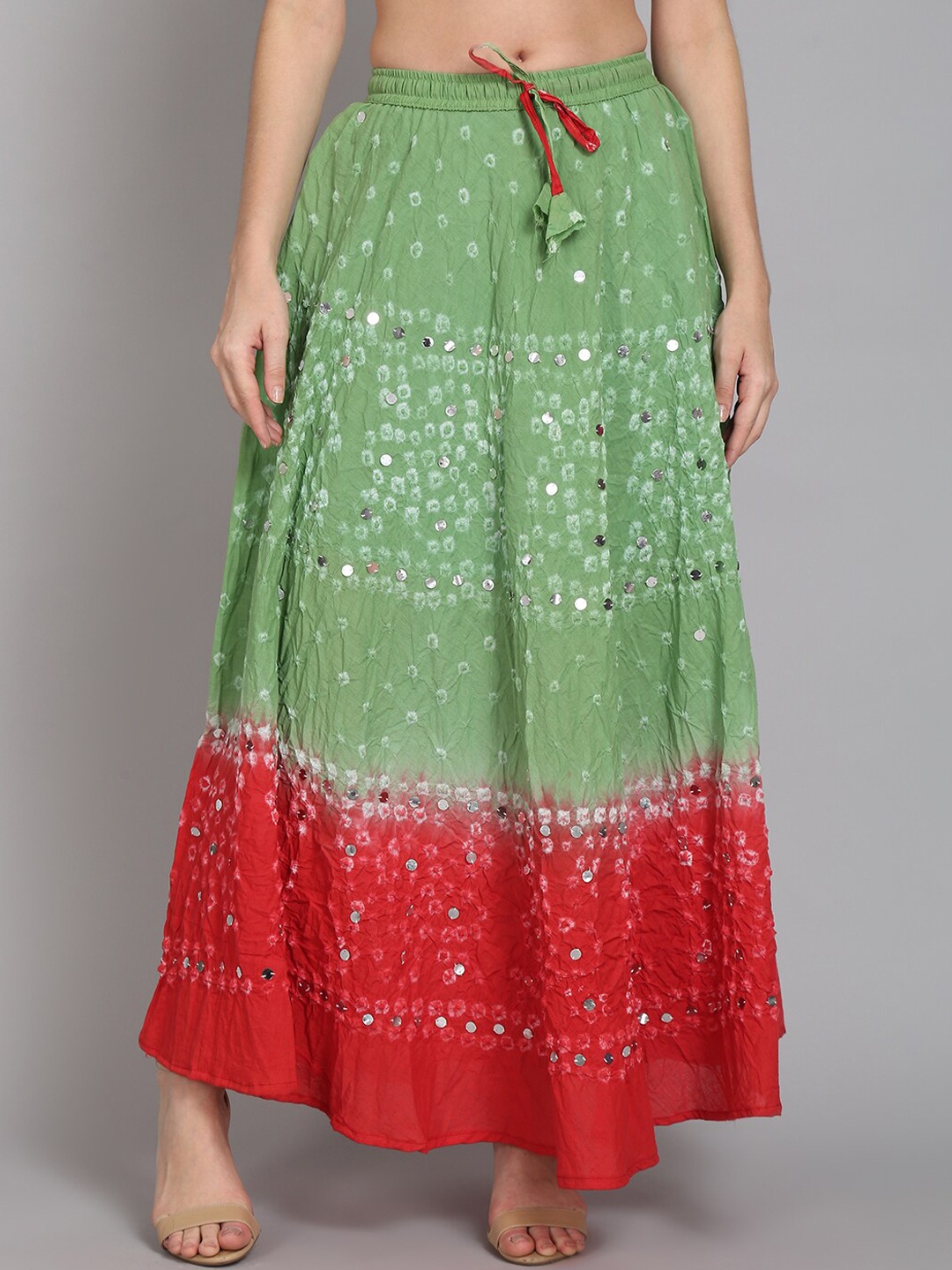 

SOUNDARYA Green & Red Printed Pure Cotton Flared Bandhej Maxi Skirt