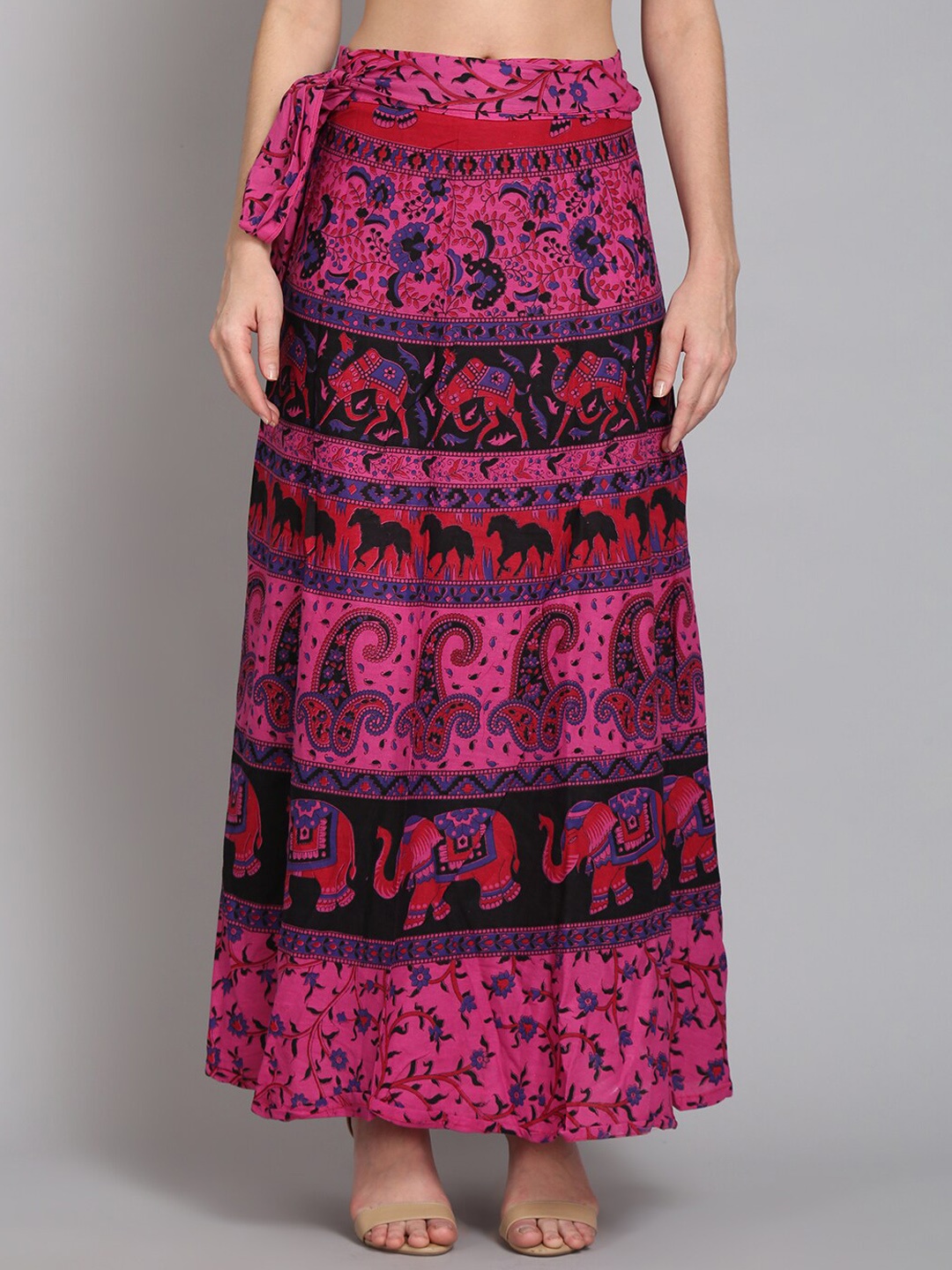 

SOUNDARYA Pink & Black Printed Cotton Wrap Around Skirt