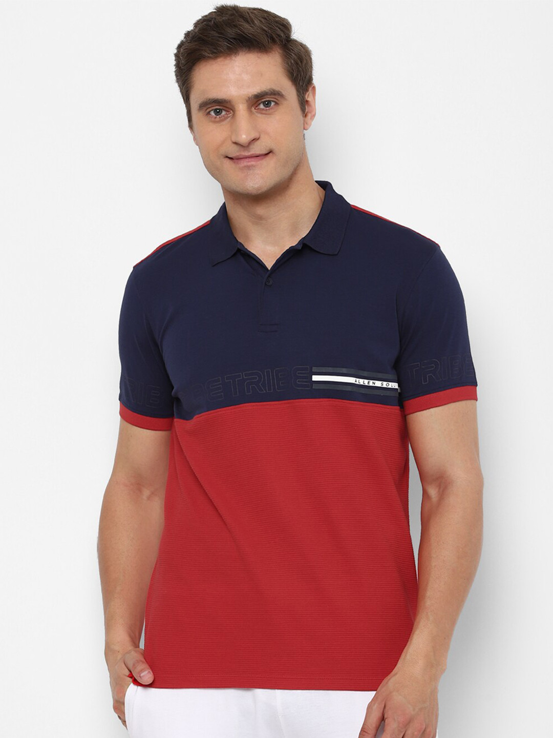 

Allen Solly Tribe Men Red & Navy Blue Colourblocked Polo Collar Cotton T-shirt