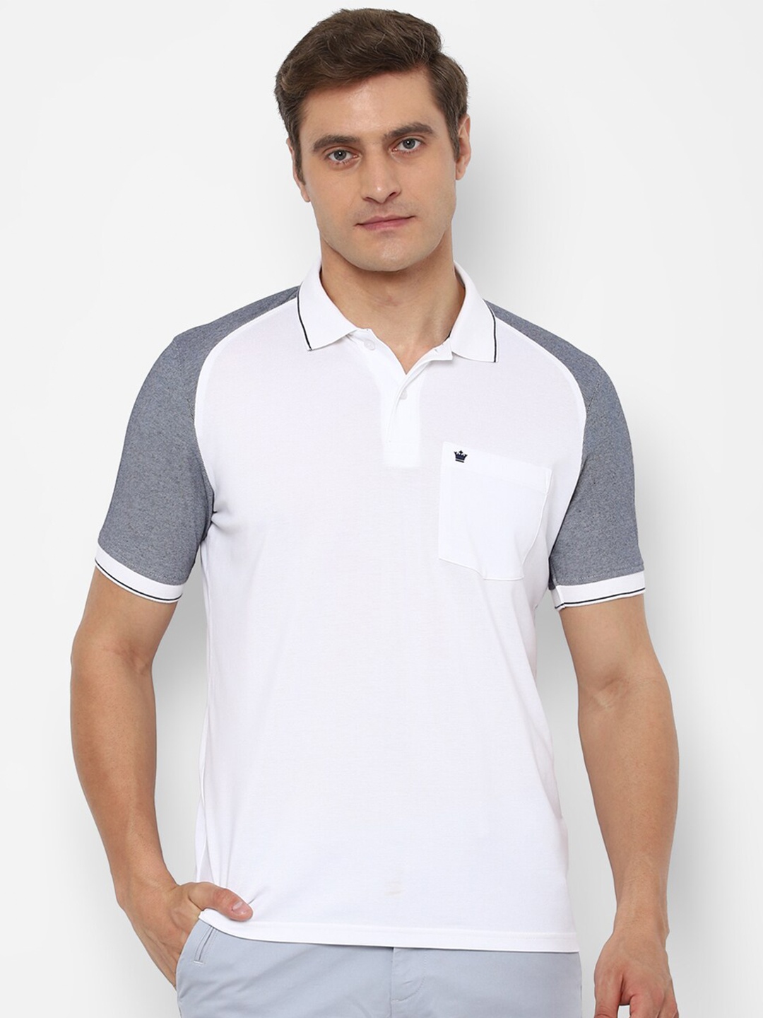 

Louis Philippe Men White & Grey Colourblocked Polo Collar T-shirt