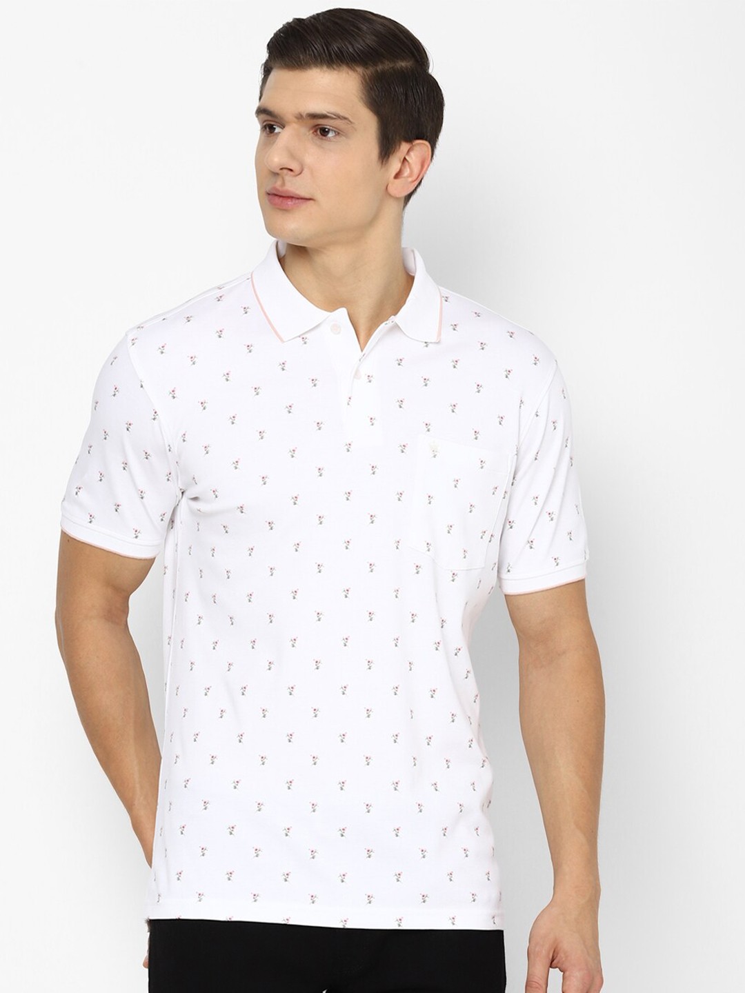 

Louis Philippe Men White Floral Printed Polo Collar Pure Cotton T-shirt