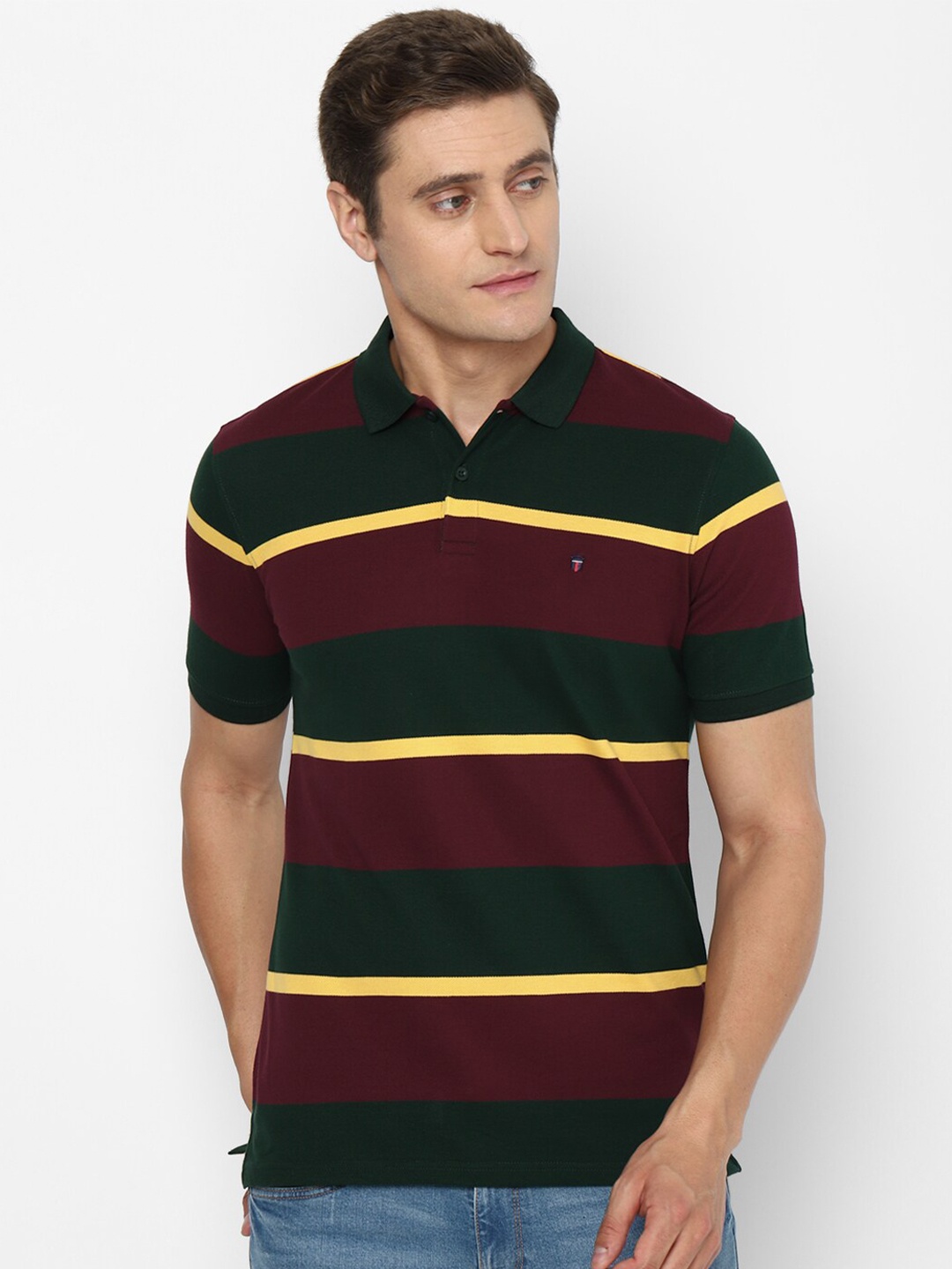 

Louis Philippe Sport Men Maroon & Green Striped Polo Collar Slim Fit T-shirt