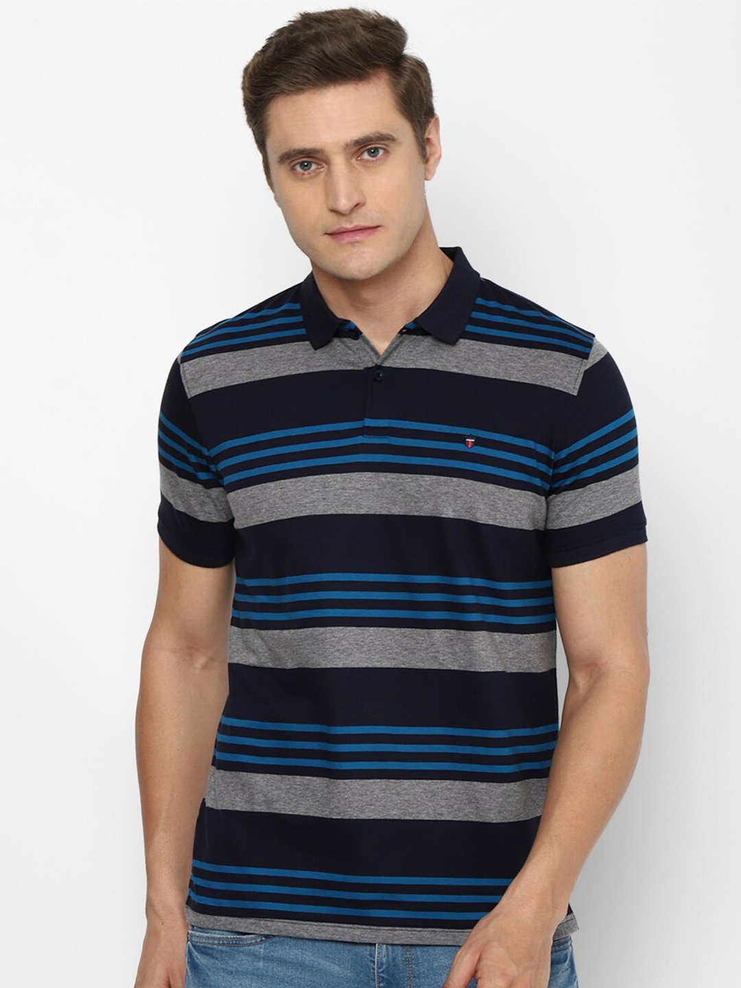 

Louis Philippe Sport Men Black & Blue Striped Polo Collar Slim Fit T-shirt
