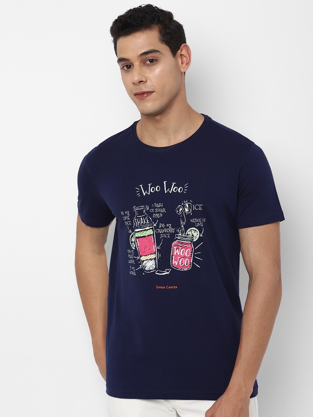 

SIMON CARTER LONDON Men Navy Blue Printed Slim Fit Cotton T-shirt