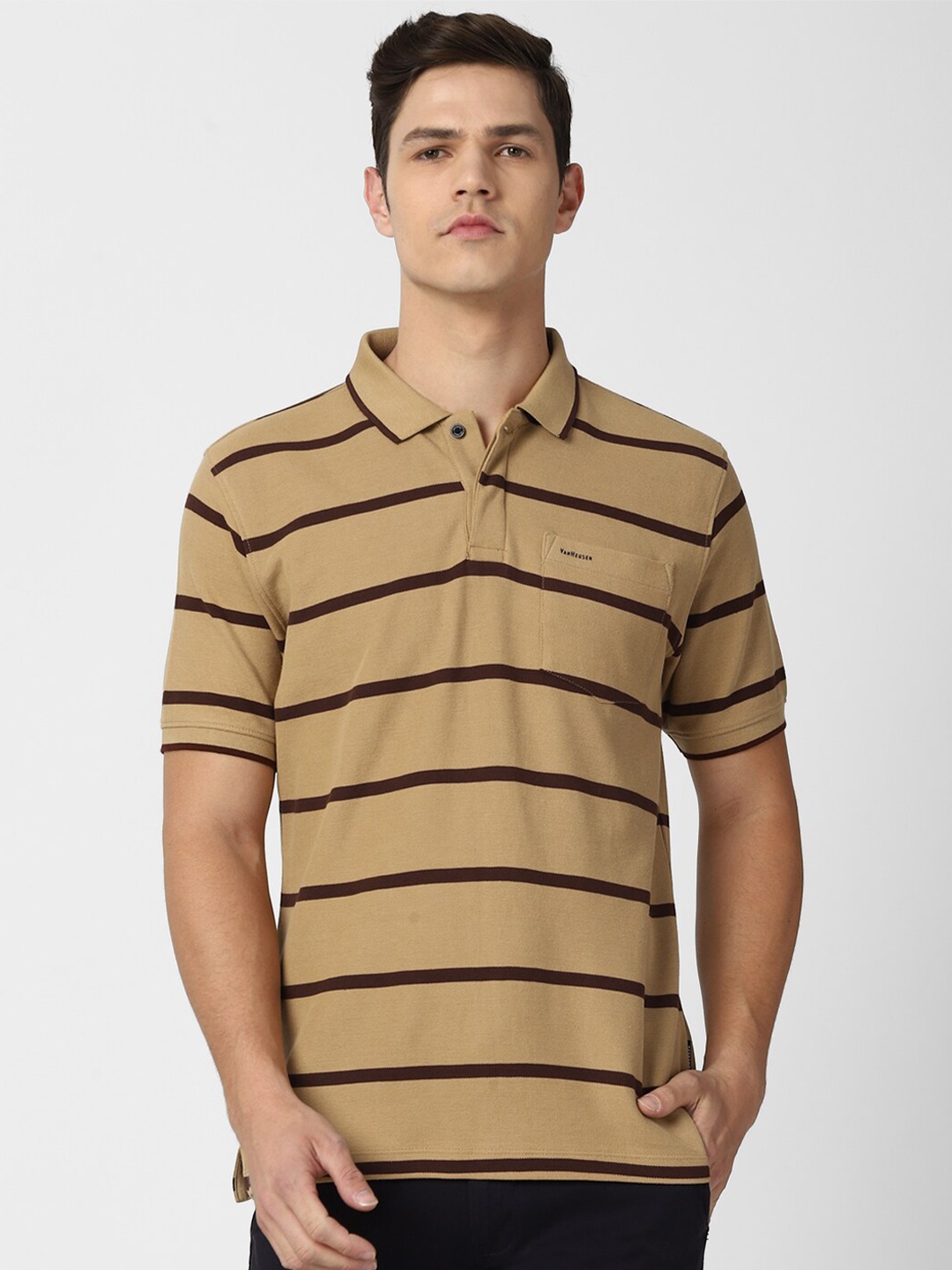 

Van Heusen Men Khaki & Maroon Striped Polo Collar Cotton T-shirt