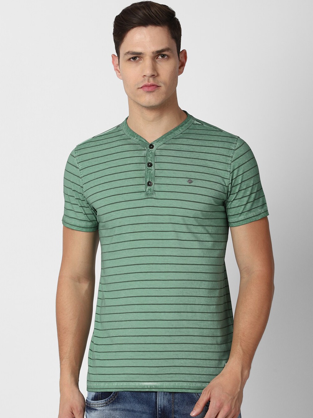 

VAN HEUSEN DENIM LABS Men Green Striped Henley Neck Pure Cotton T-shirt