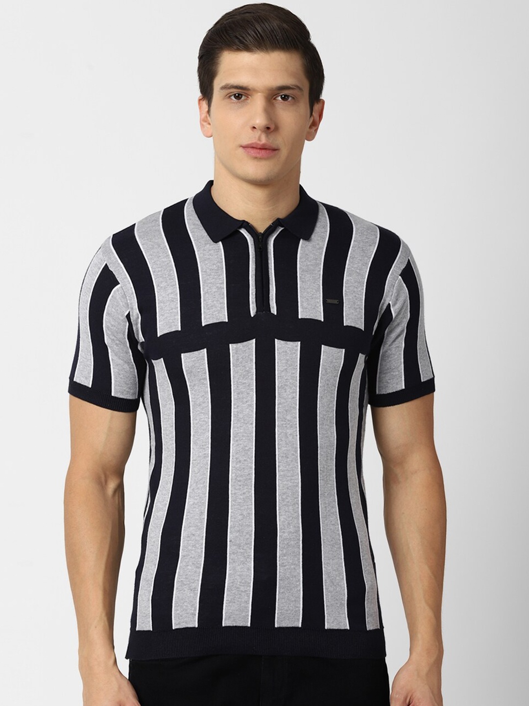 

Van Heusen Sport Men Grey & Black Striped Polo Collar Cotton T-shirt