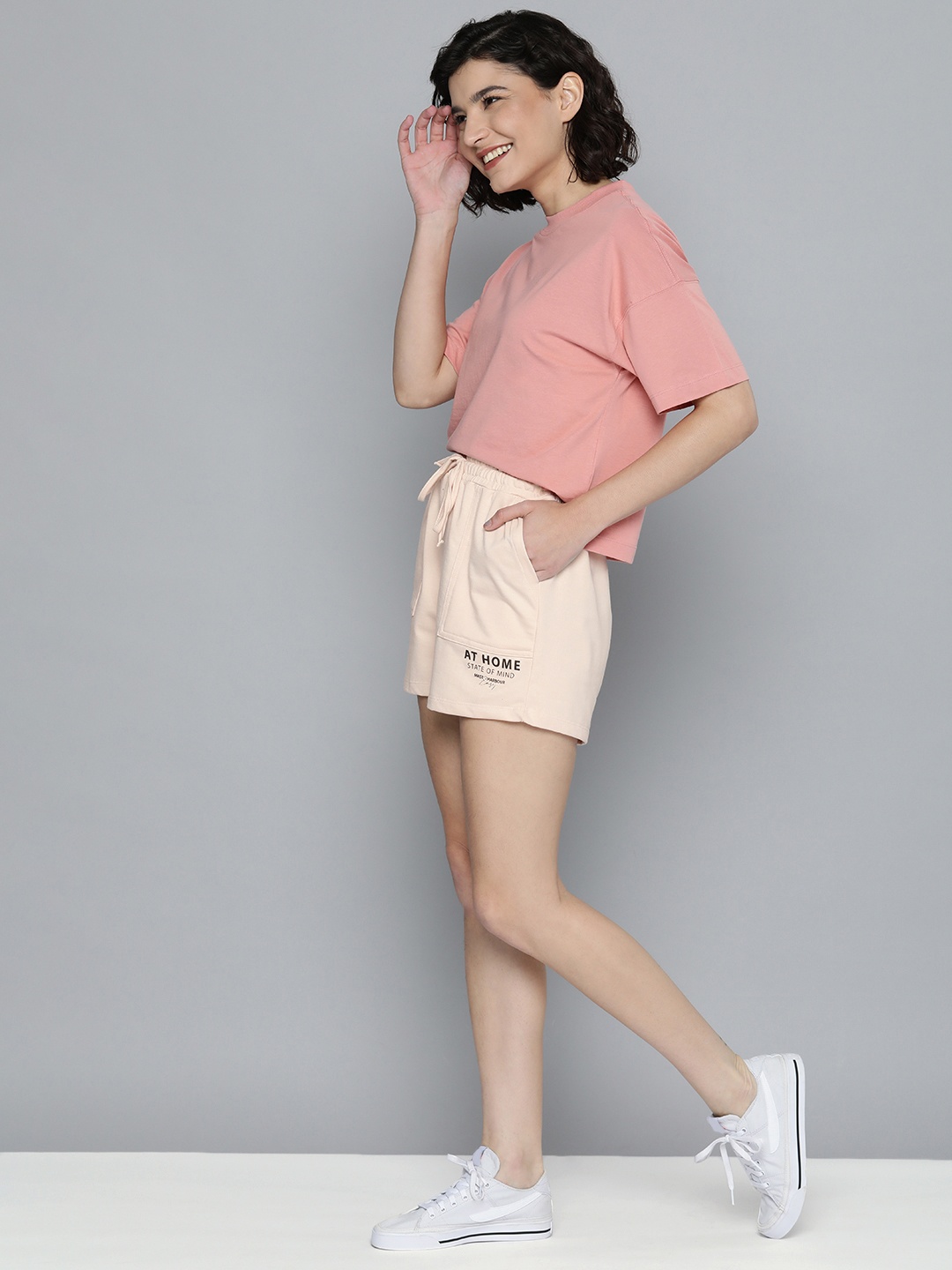 

M&H Easy Women Peach-Coloured Typography Printed Shorts