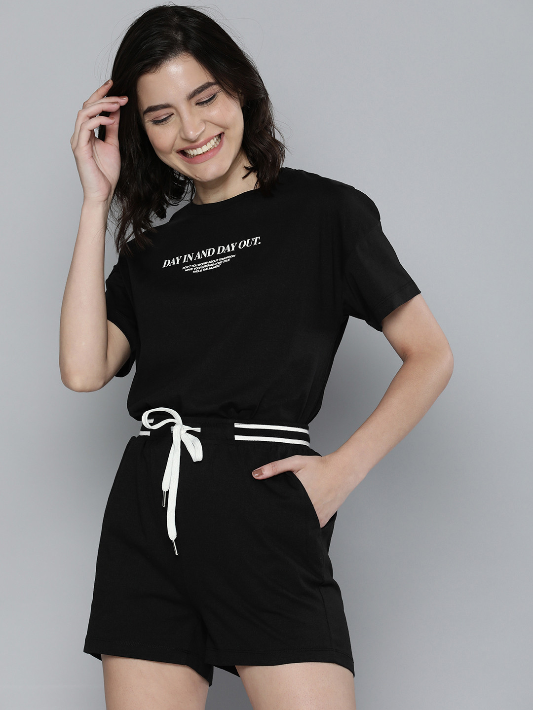 

M&H Easy Women Black Printed T-shirt with Shorts