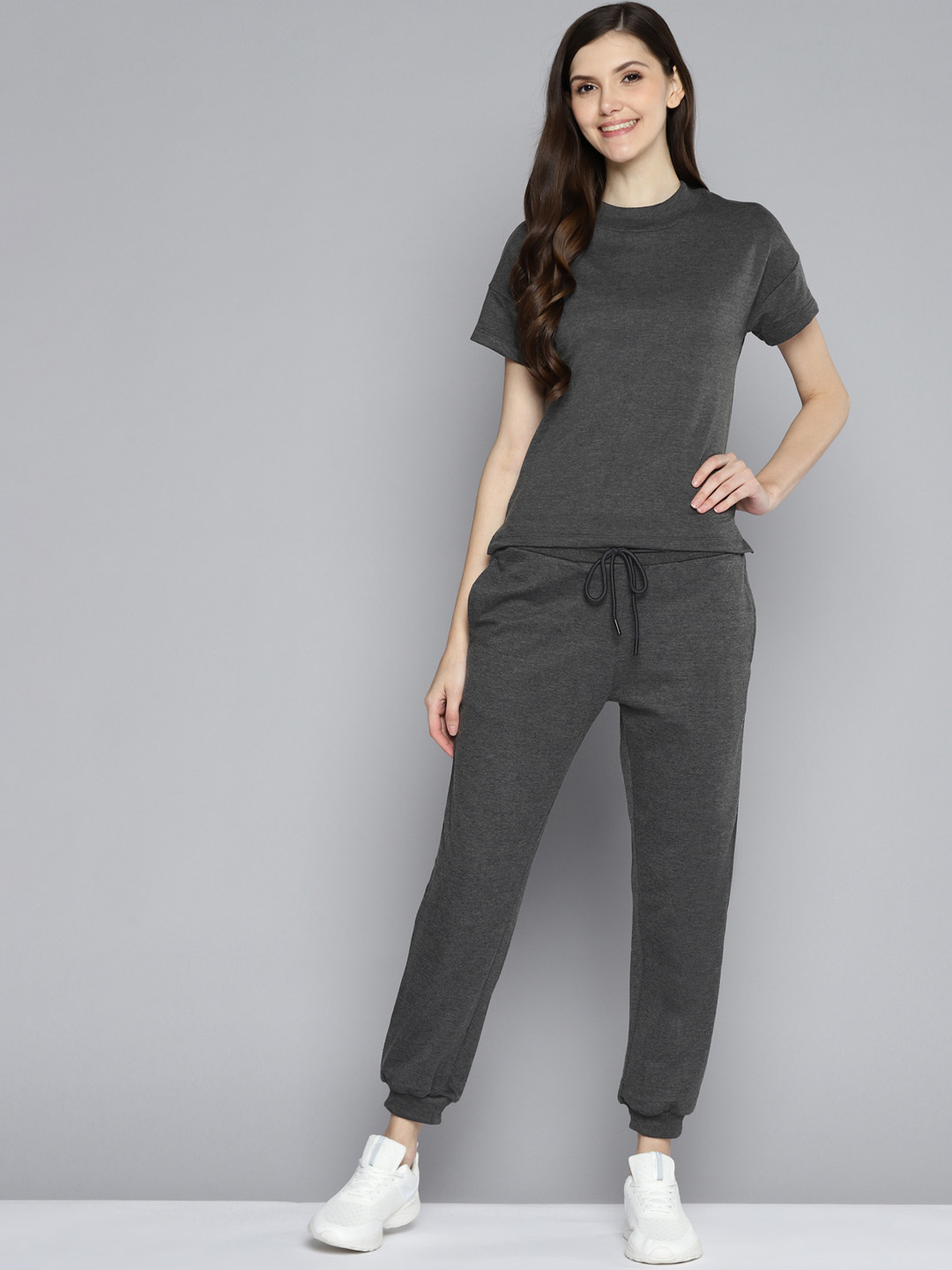 

M&H Easy Women Charcoal Grey Solid T-Shirt & Joggers
