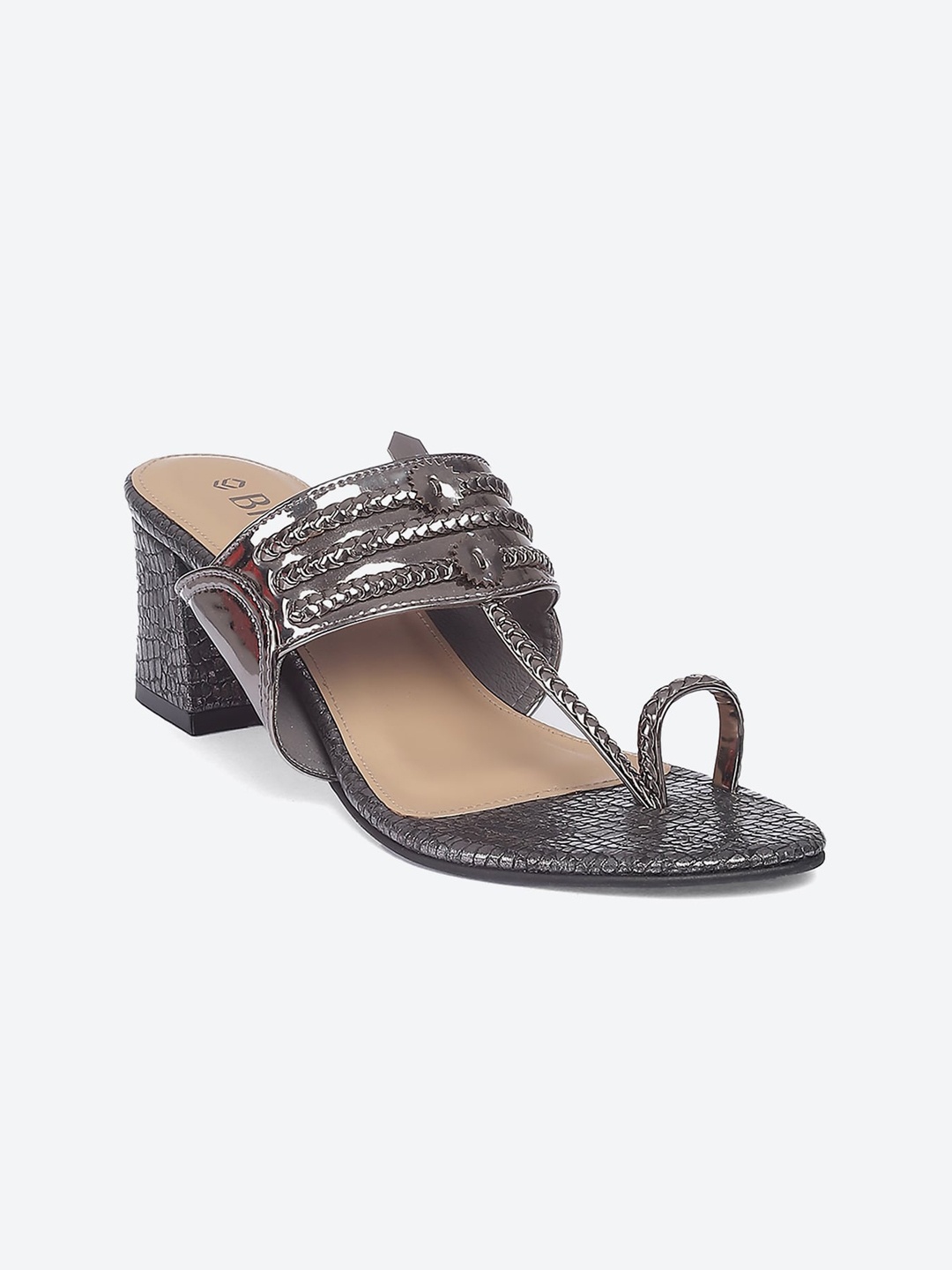 

Biba Gunmetal-Toned Embellished Ethnic Block Sandals, Metallic