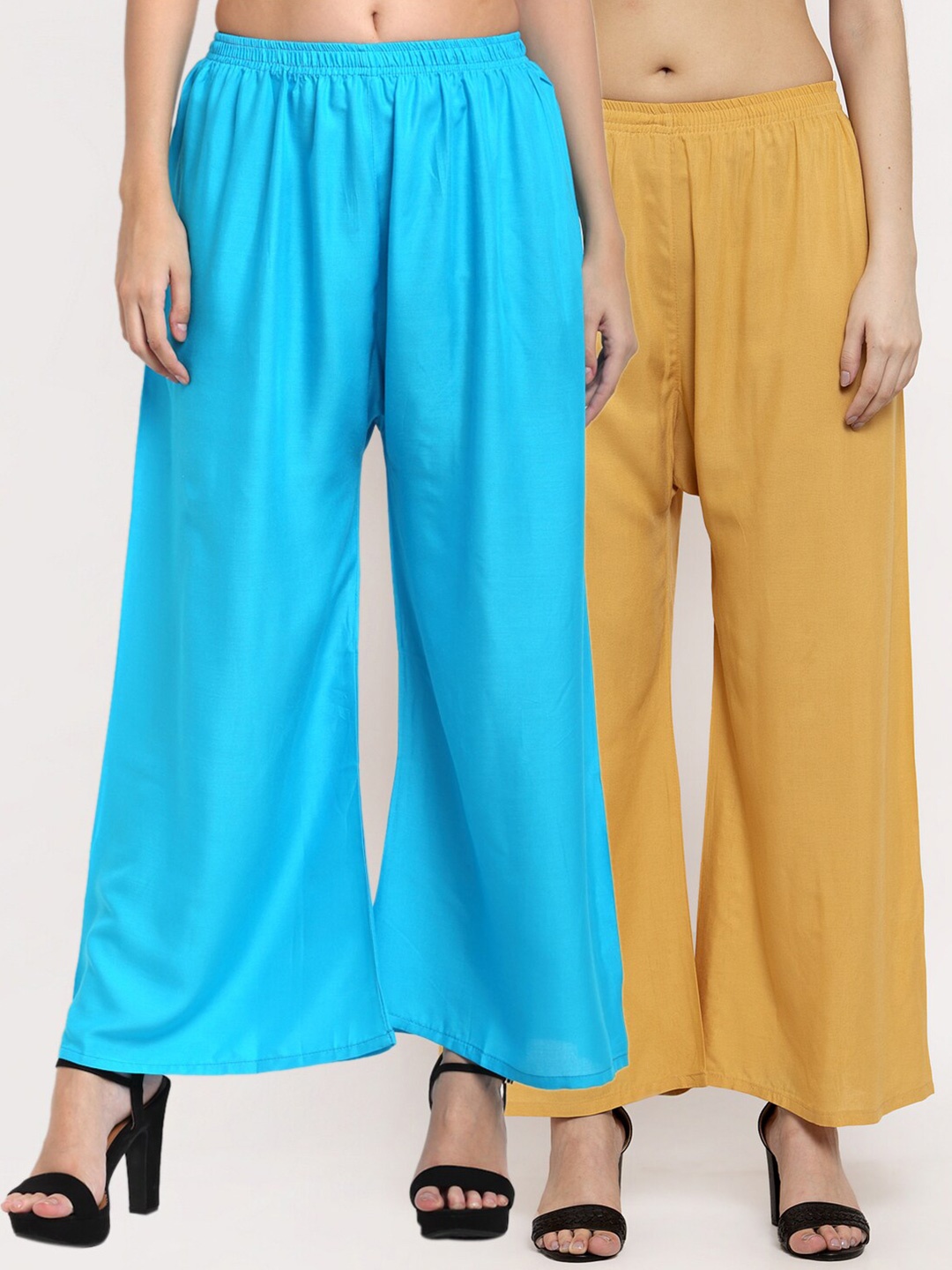 

Miaz Lifestyle Women Set Of 2 Blue & Beige Flared Knitted Palazzos