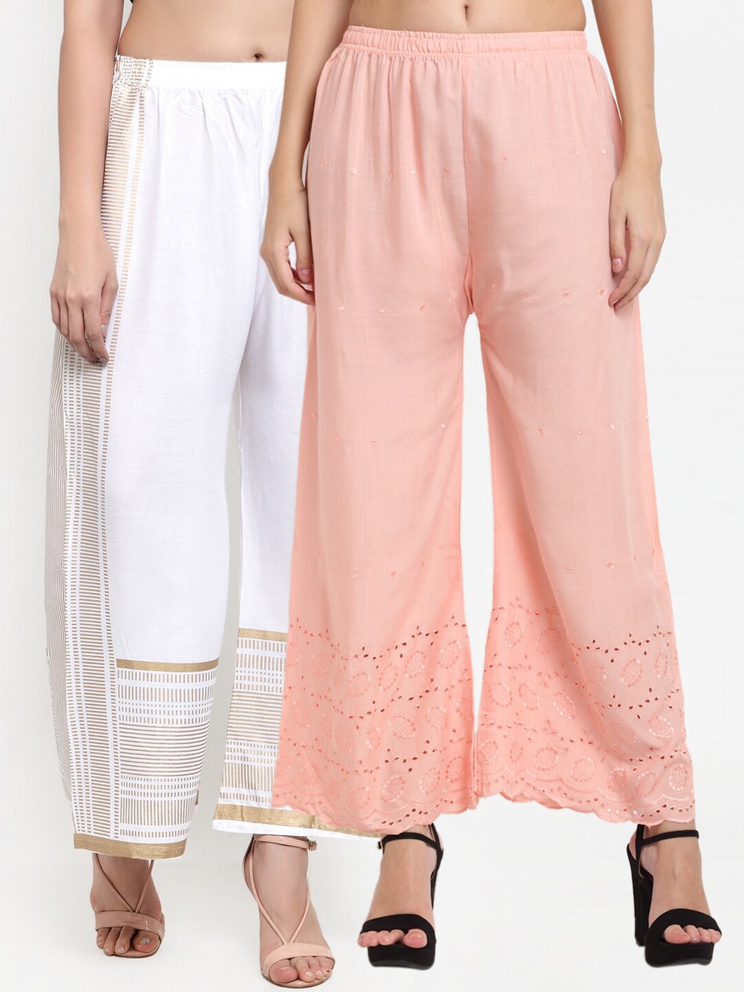 

Miaz Lifestyle Women Peach-Coloured & White 2 Flared Knitted Ethnic Palazzos