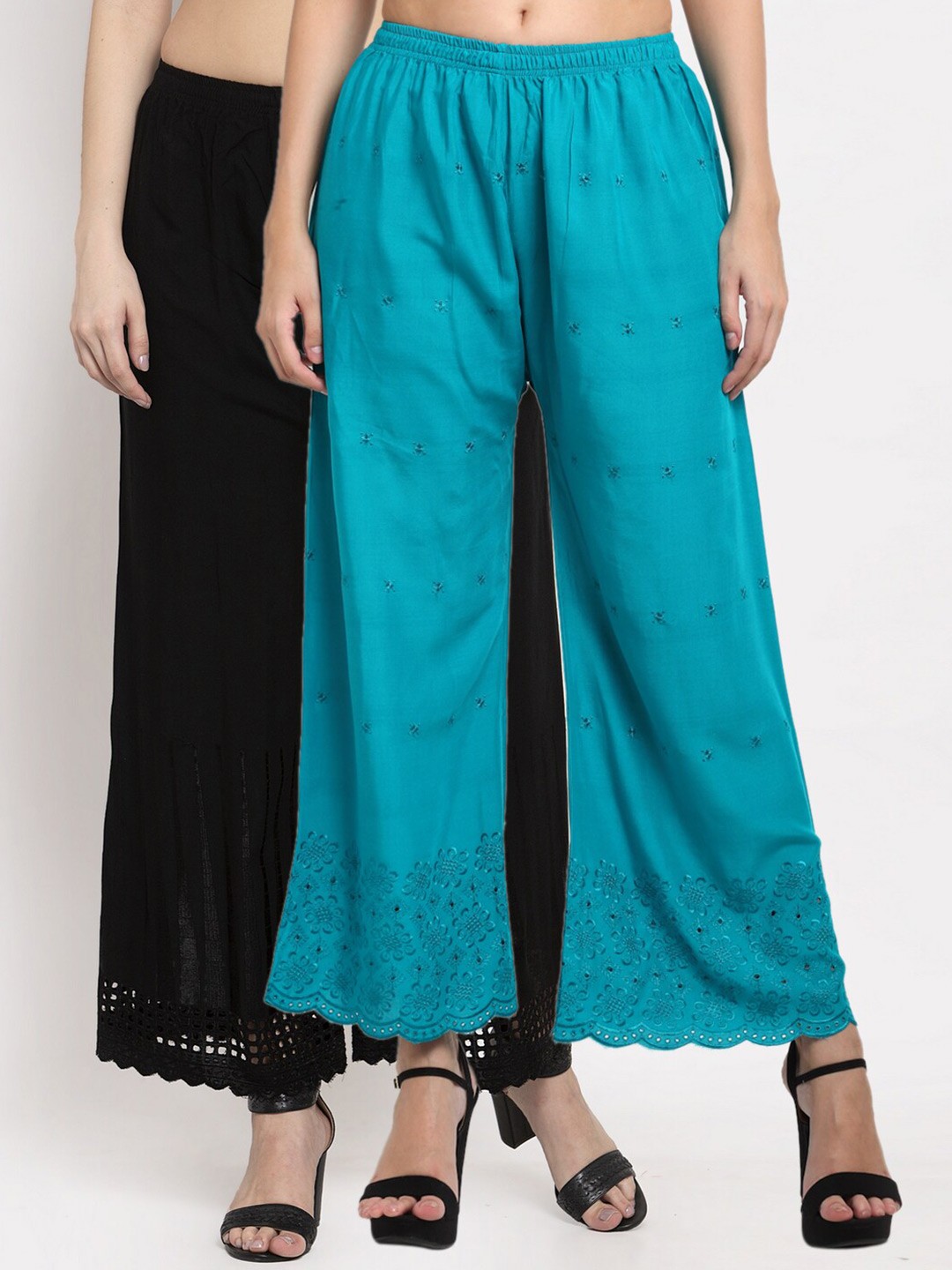 

Miaz Lifestyle Women Blue & Black Embroidered Flared Palazzos Pack Of 2