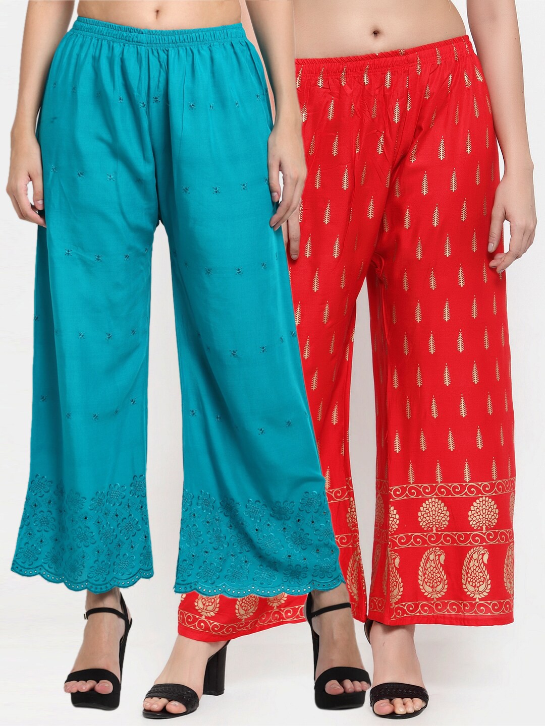 

Miaz Lifestyle Women Blue & Red Embroidered Flared Knitted Palazzos Pack Of 2