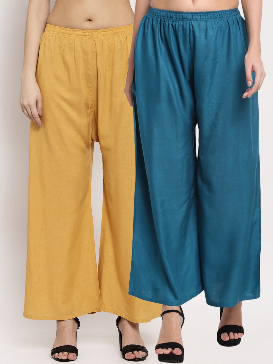 

Miaz Lifestyle Pack Of 2 Blue & Mustard Yellow Flared Knitted Palazzos