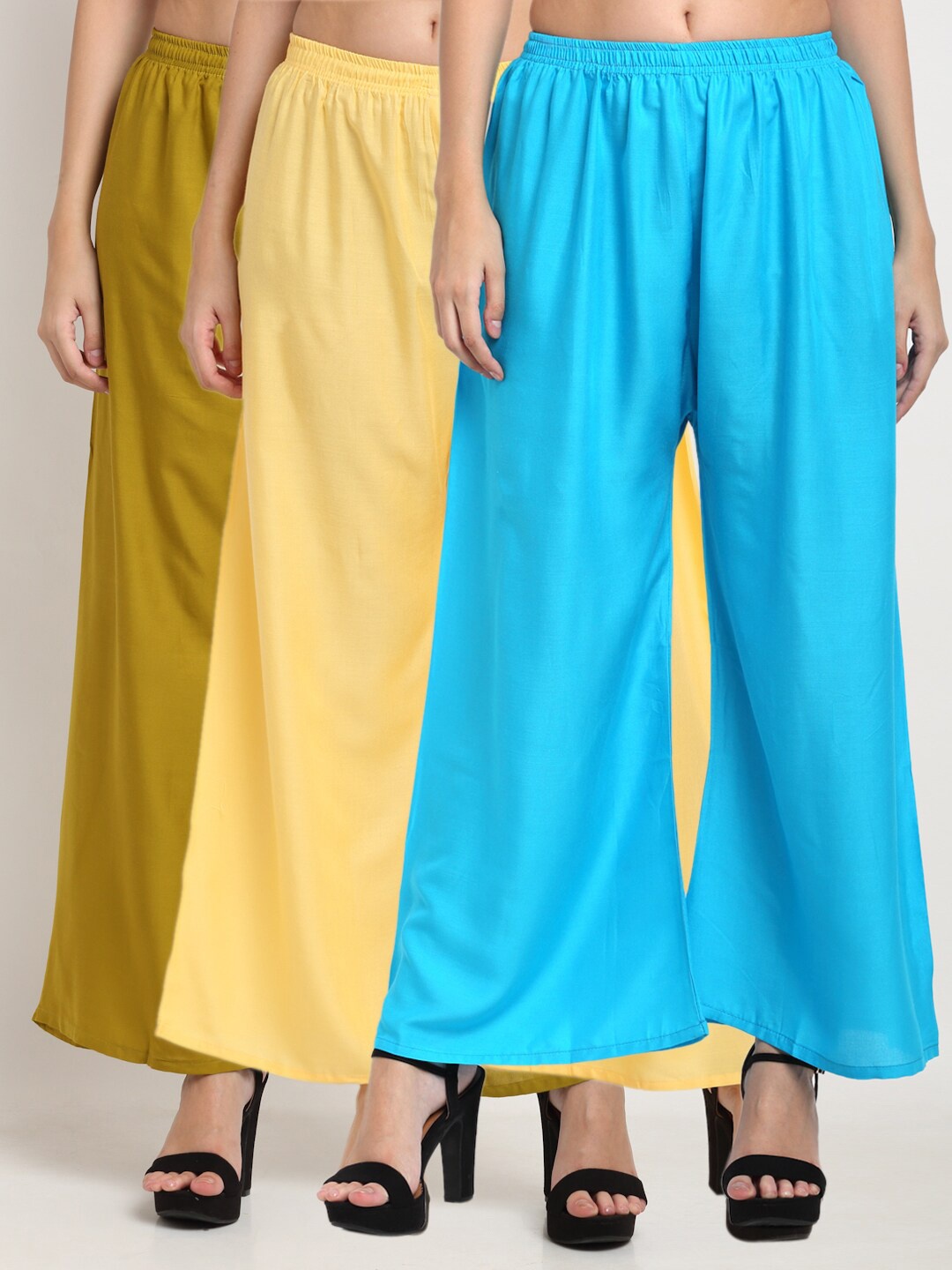 

Miaz Lifestyle Women Pack Of 3 Flared Knitted Palazzos, Blue