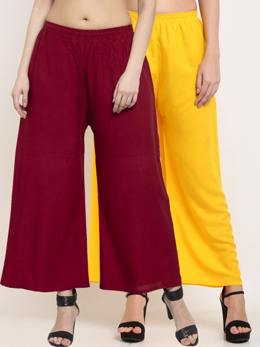 

Miaz Lifestyle Women Set Of 2 Yellow & Maroon Flared Knitted Palazzos