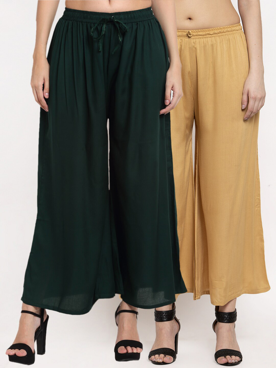 

Miaz Lifestyle Women Set Of 2 Green & Beige Flared Palazzos