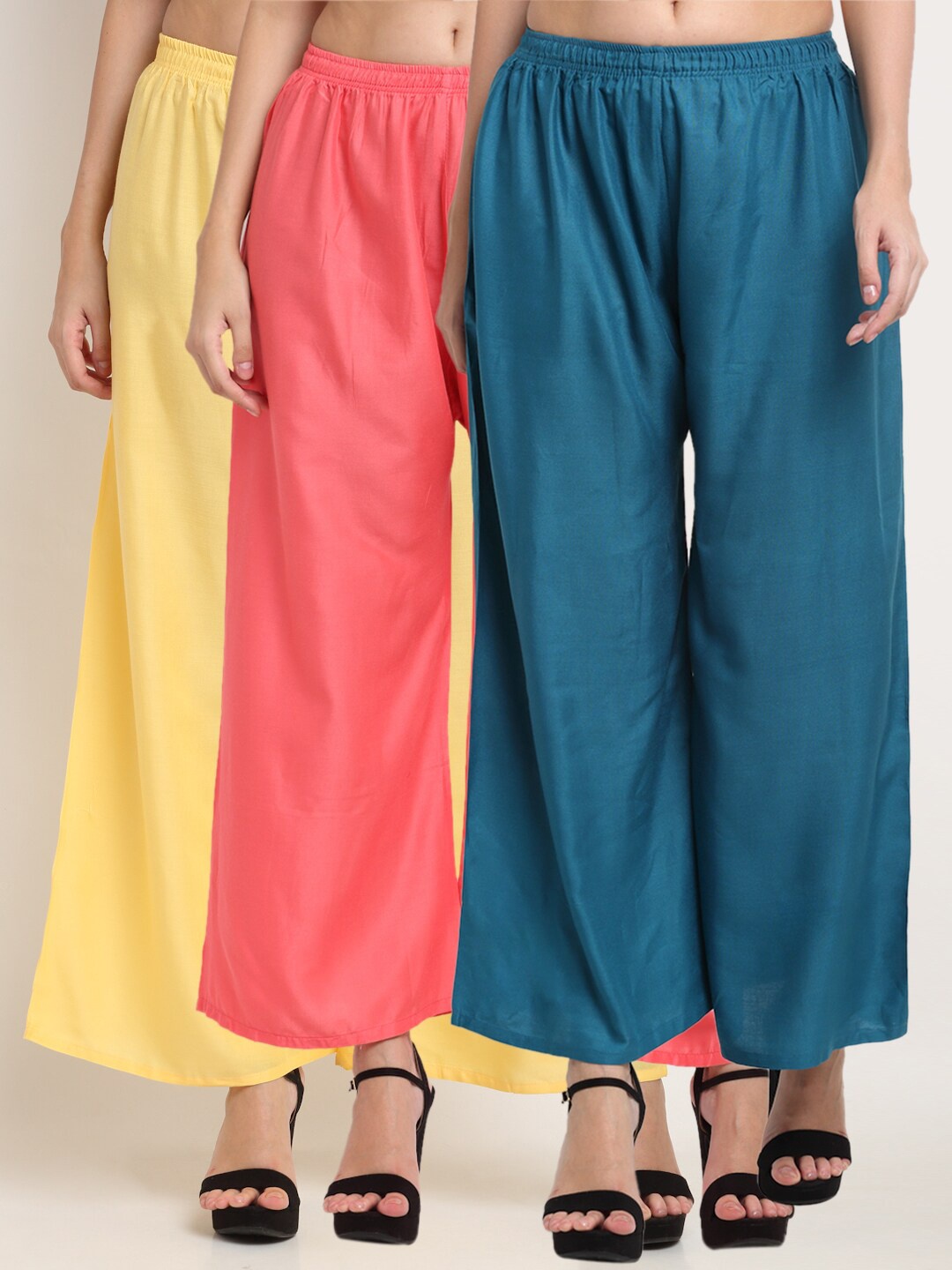 

Miaz Lifestyle Women Blue & Peach Set Of 3 Flared Knitted Ethnic Palazzos