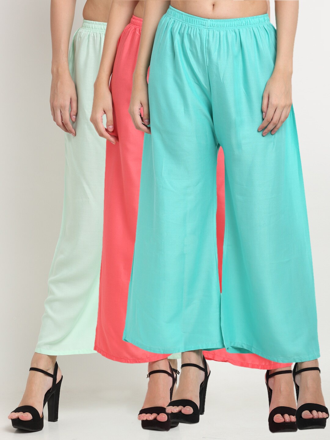 

Miaz Lifestyle Women Set Of 3 Green & Peach-Coloured Flared Knitted Palazzos