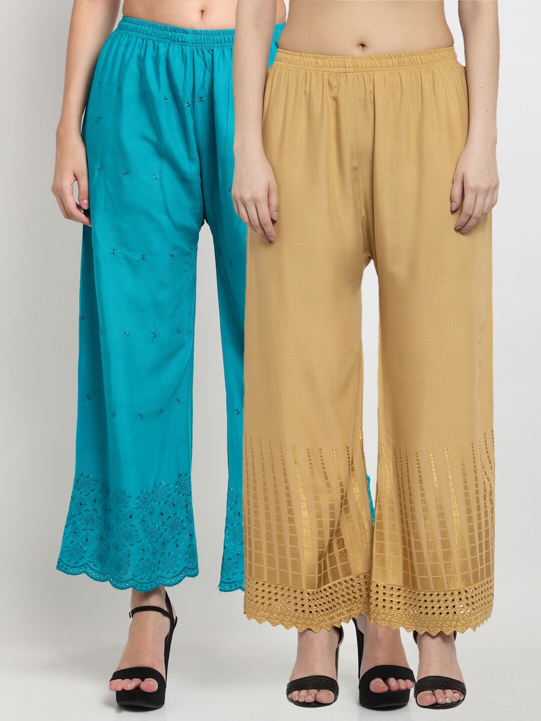

Miaz Lifestyle Women Set Of 2 Blue & Beige Ethnic Motifs Embroidered Palazzos