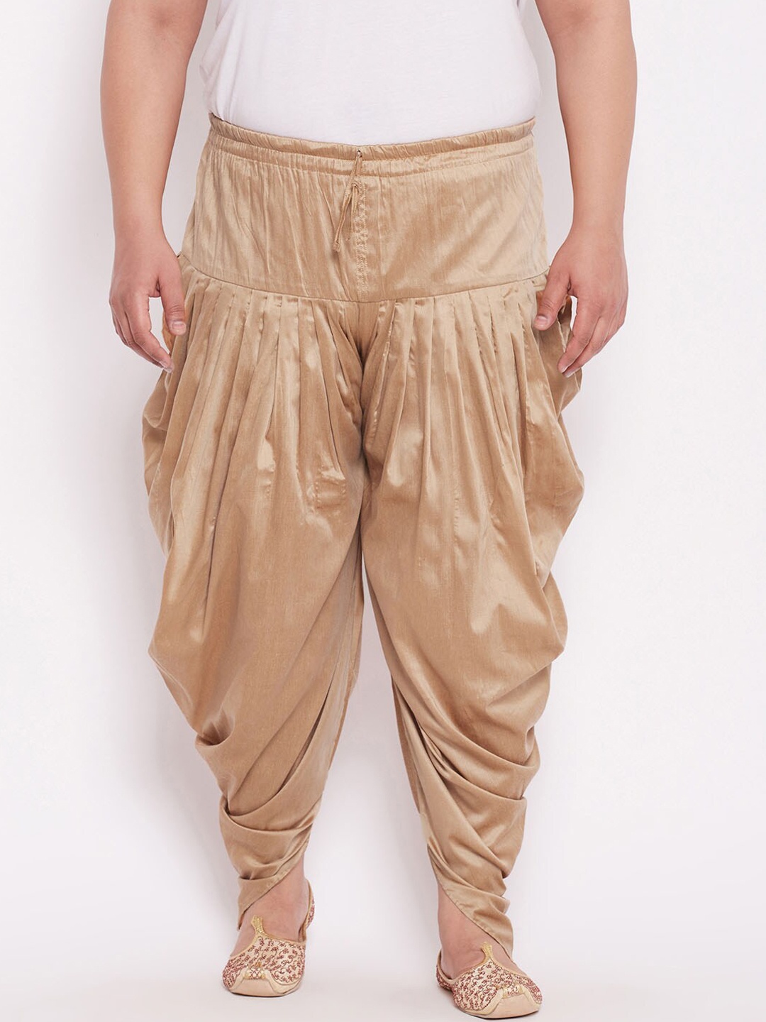 

VASTRAMAY Men Plus Size Rose Gold-Colored Solid Cotton Silk Cowl Dhoti