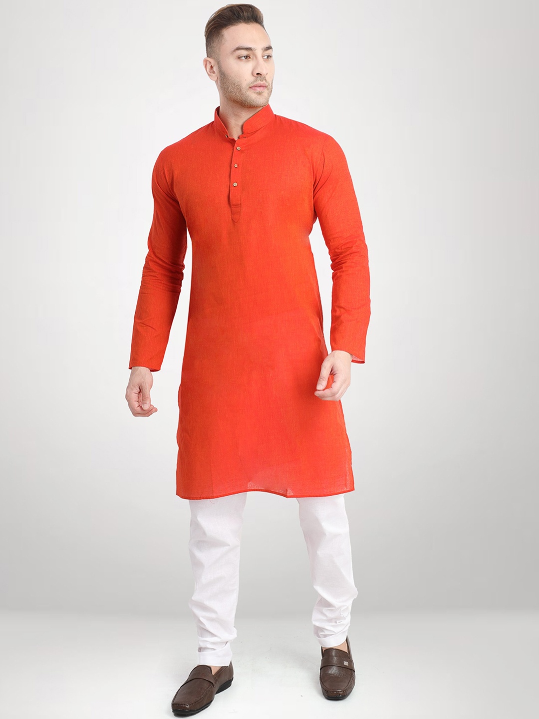 

RG DESIGNERS Men Orange & White Cotton Kurta with Churidar
