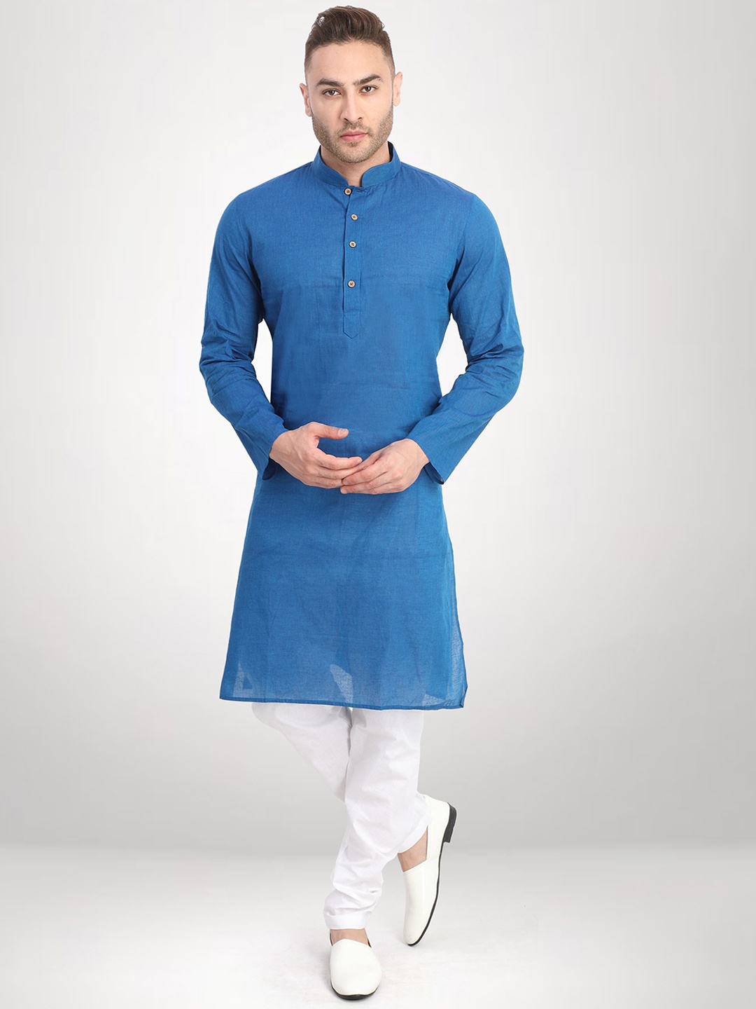 

RG DESIGNERS Men Blue & White Solid Cotton Blend Kurta Set