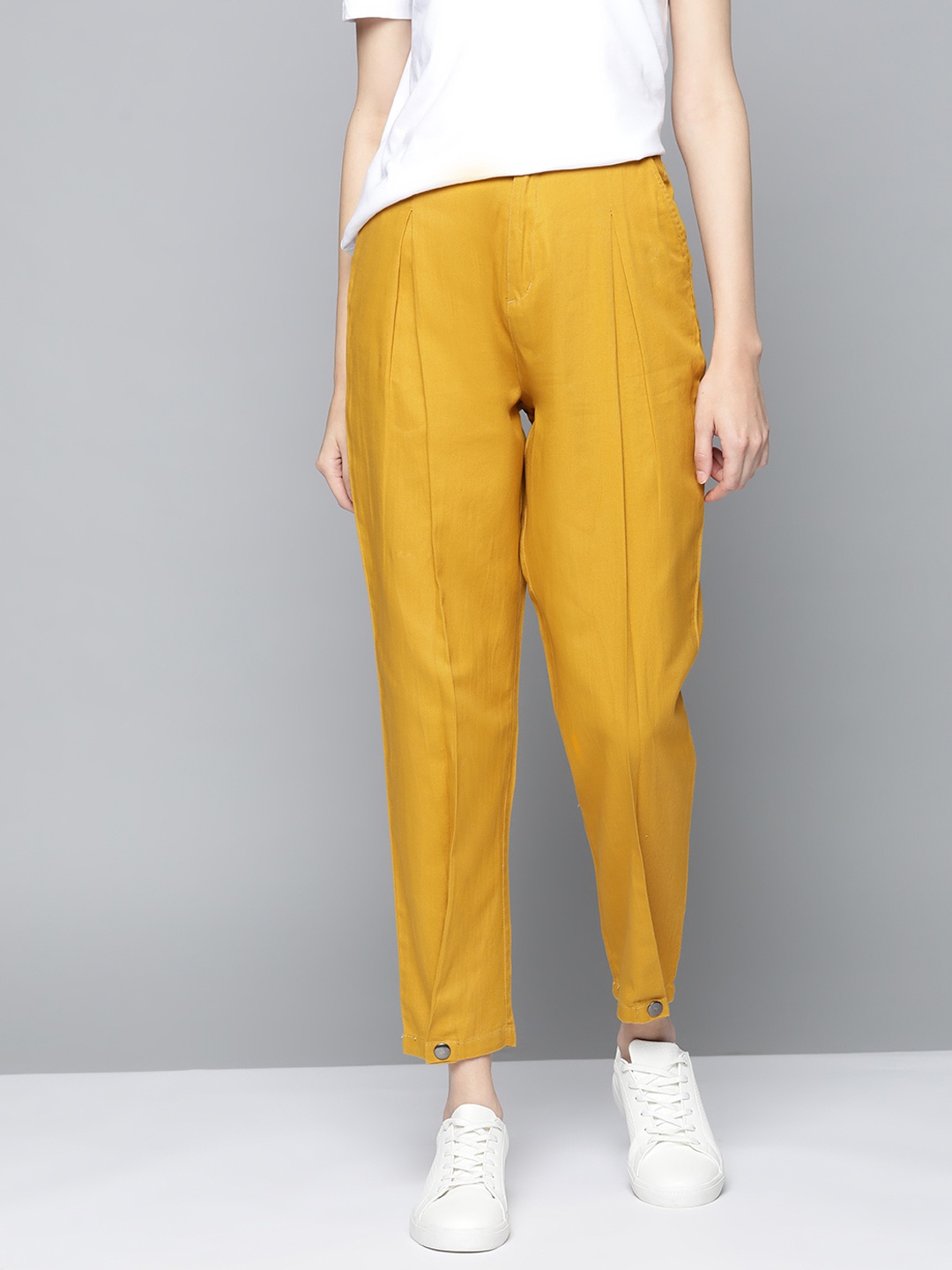 

Mast & Harbour Women Mustard Yellow Cotton Pleated Trousers
