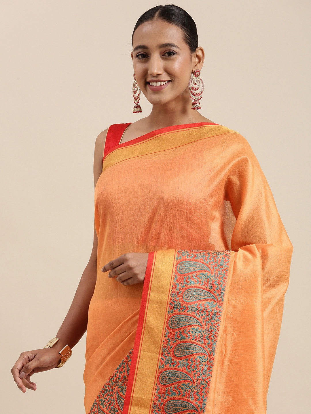 

Shaily Peach-Coloured Solid Zari Woven Design Border Saree