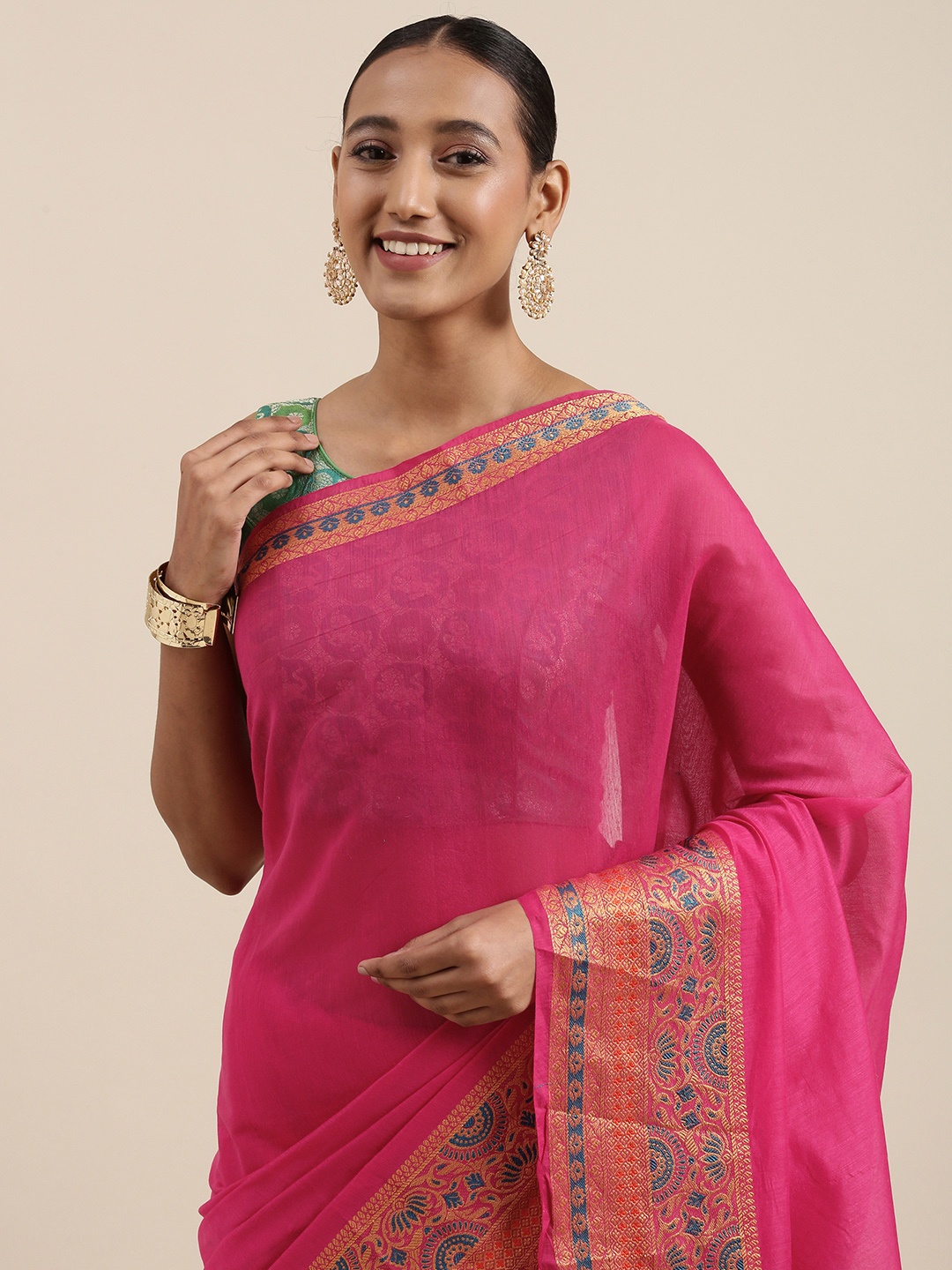 

Shaily Pink Solid Zari Woven Design Border Saree