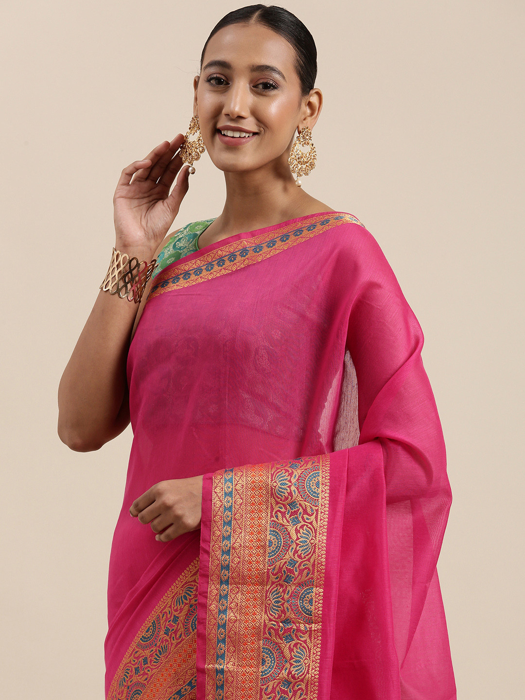 

Mitera Pink Solid Zari Woven Design Border Saree