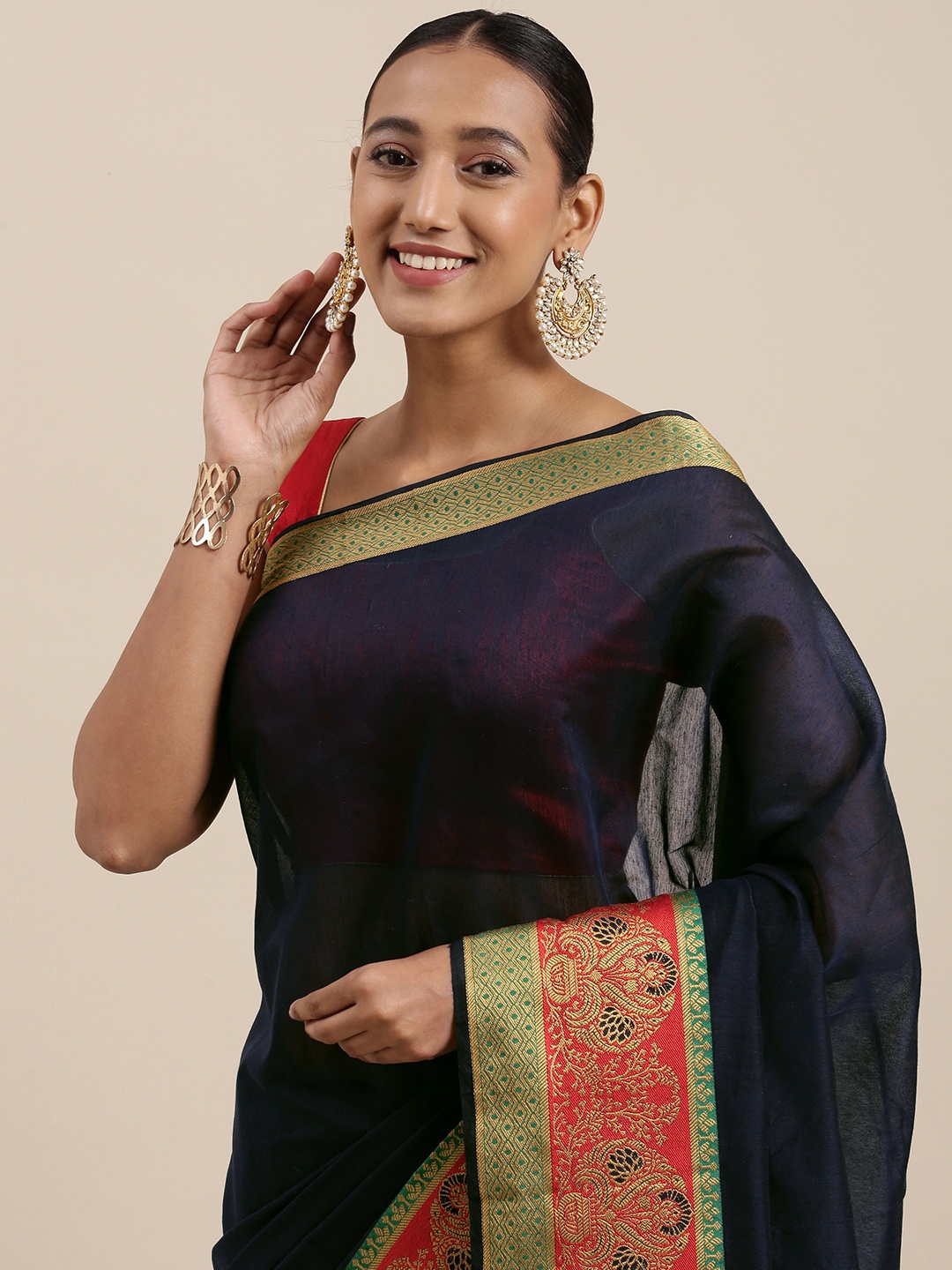 

Mitera Navy Blue Solid Zari Woven Design Border Saree