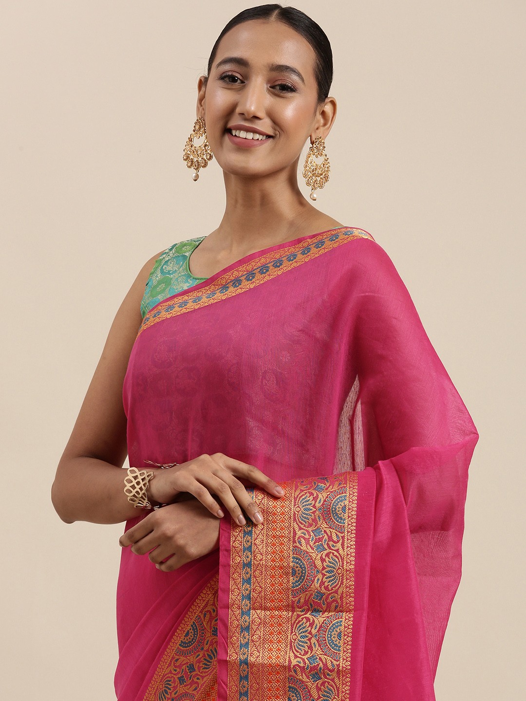 

KALINI Pink Solid Zari Woven Design Border Saree