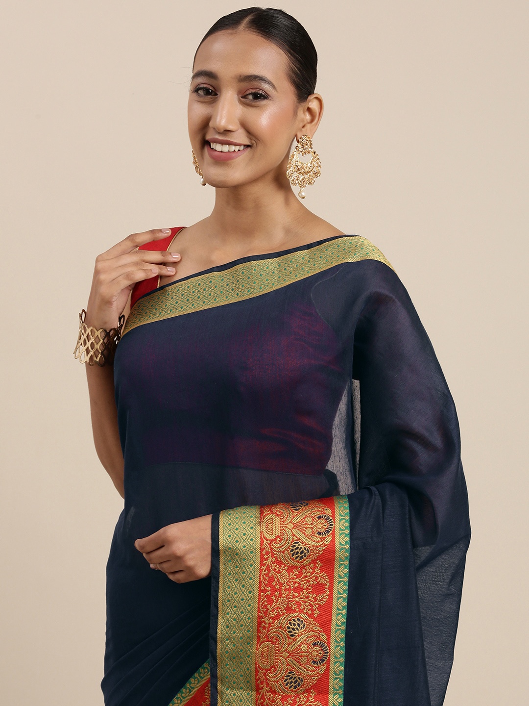 

KALINI Navy Blue Solid Zari Woven Design Border Saree