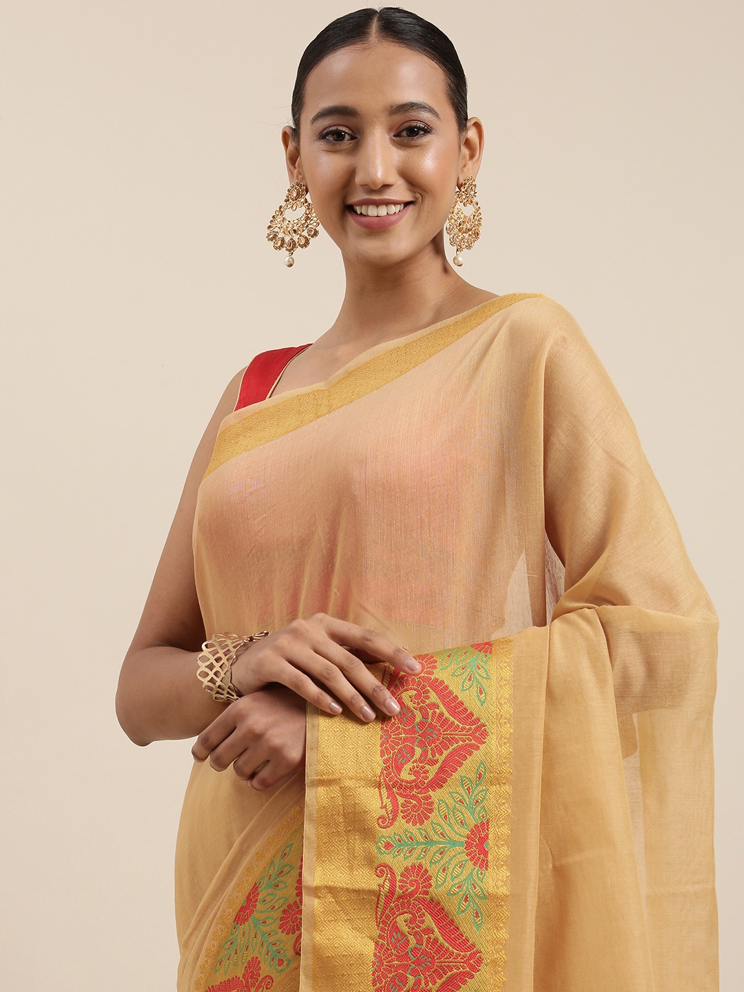 

KALINI Beige & Red Solid Zari Woven Design Border Saree
