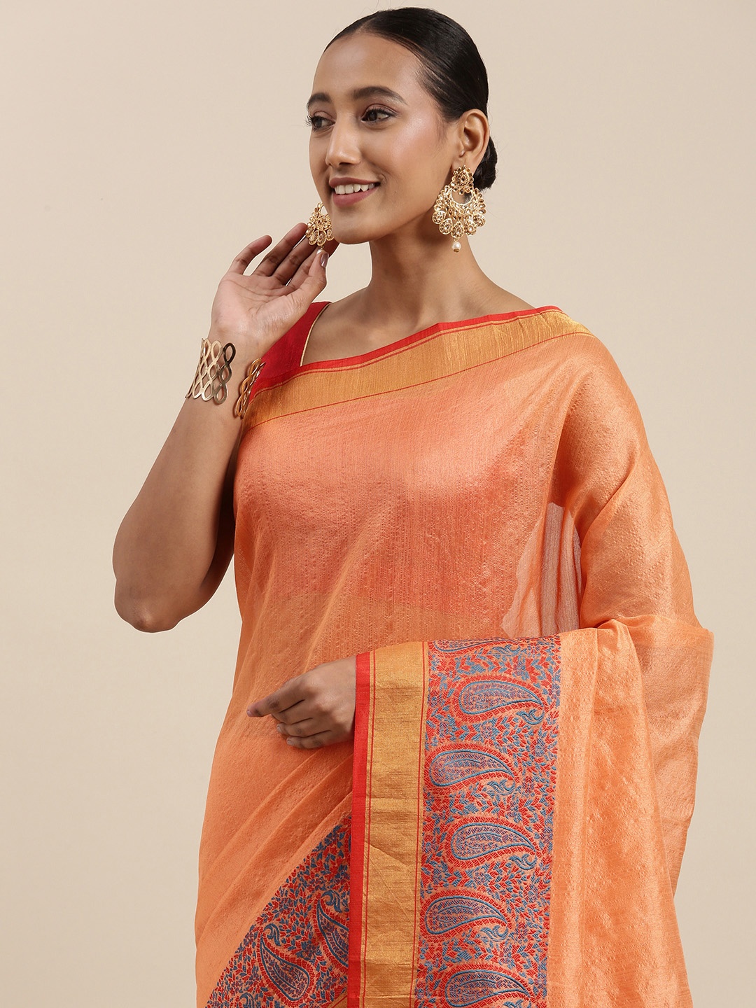

KALINI Peach-Coloured Solid Zari Woven Design Border Saree