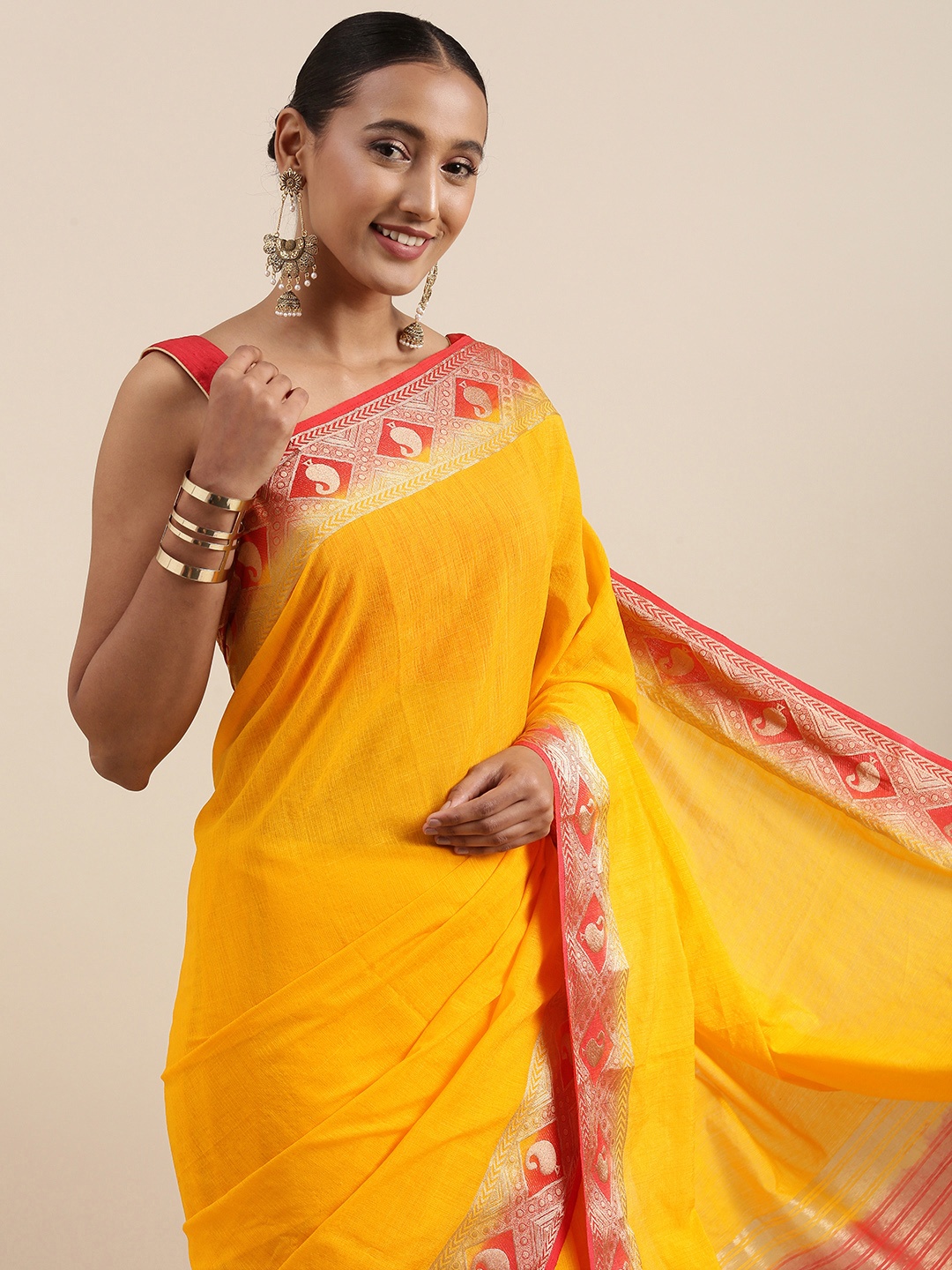 

Shaily Yellow Solid Zari Woven Design Border Saree