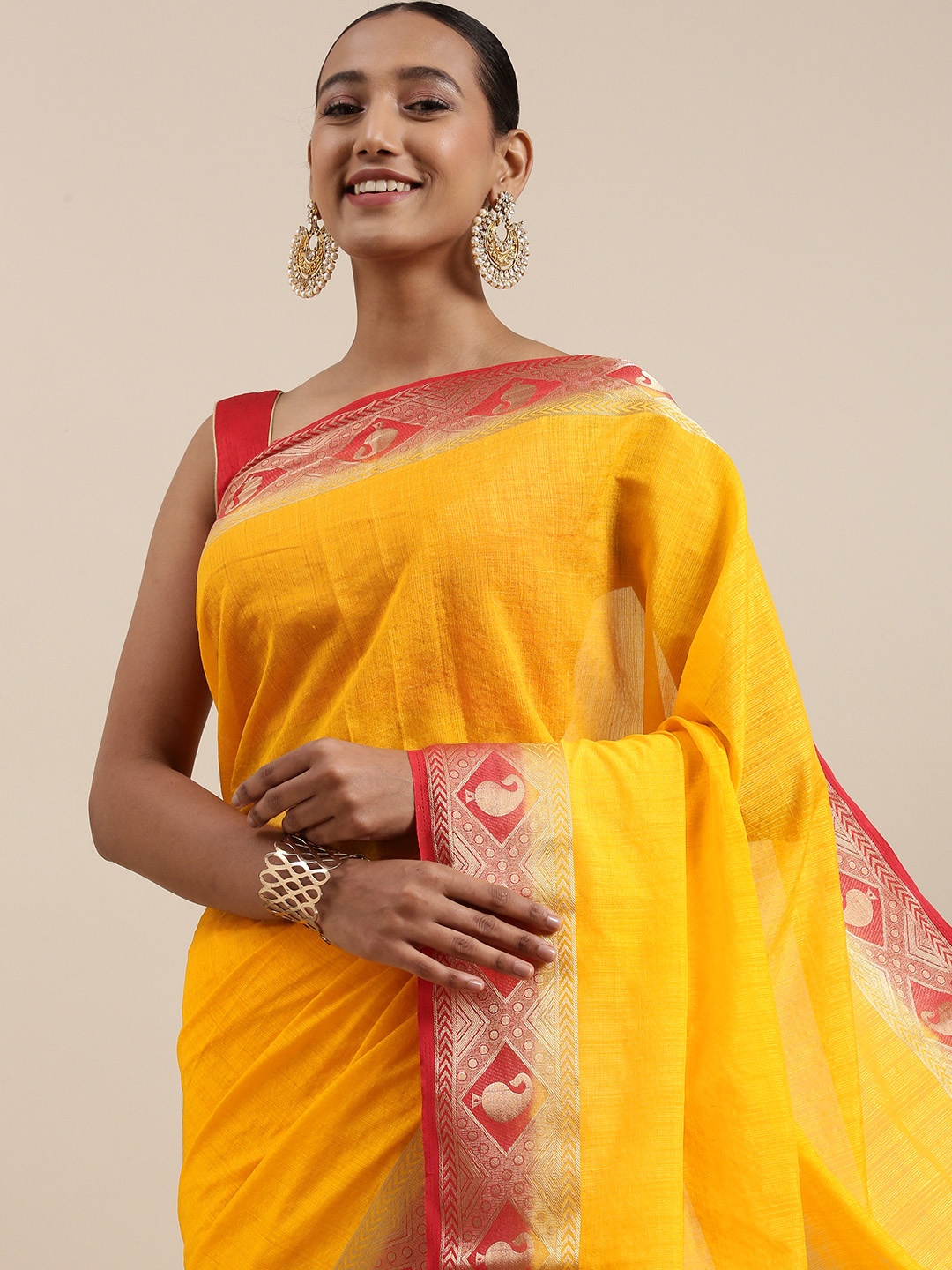 

Mitera Yellow & Red Zari Woven Design Saree