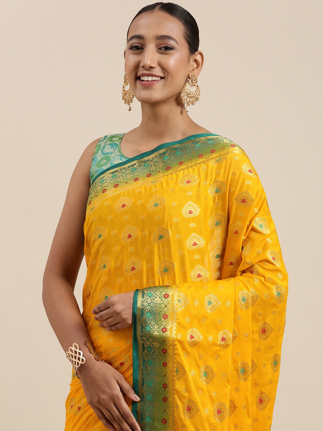 

Mitera Yellow & Green Woven Design Zari Woven Design Kanjeevaram Saree