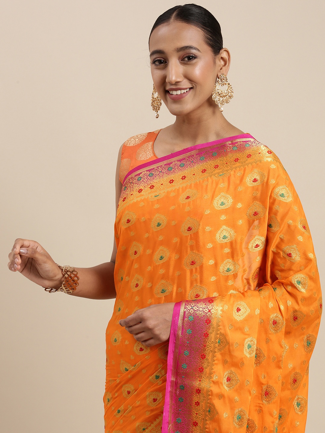 

Mitera Orange & Green Woven Design Zari Woven Design Kanjeevaram Saree
