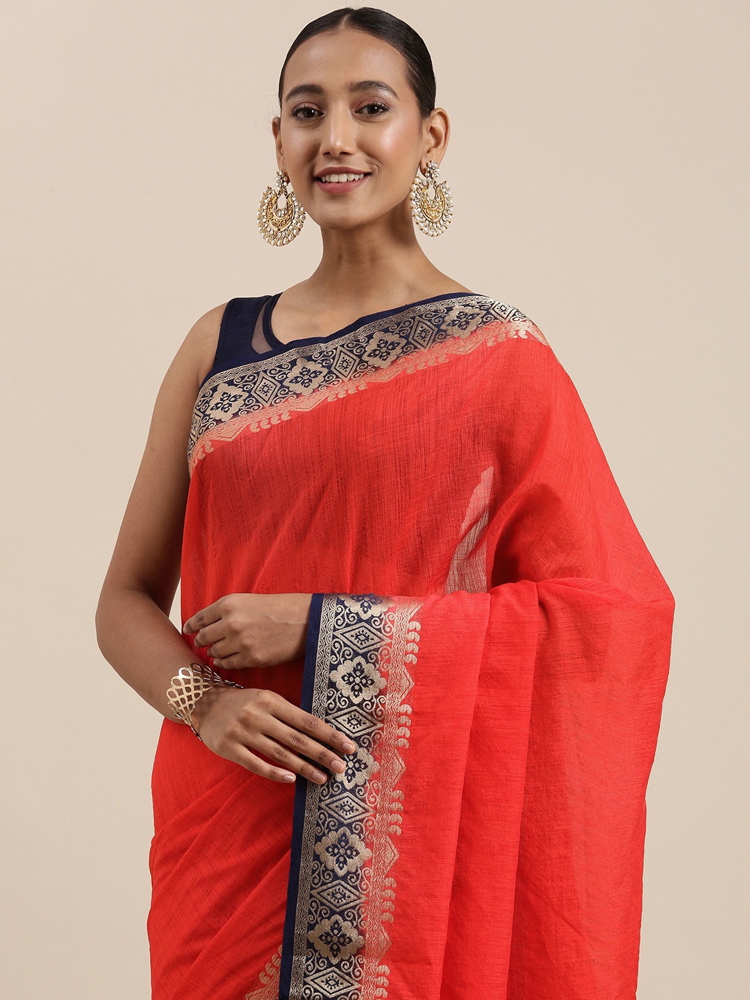 

Mitera Red Solid Zari Woven Design Border Saree