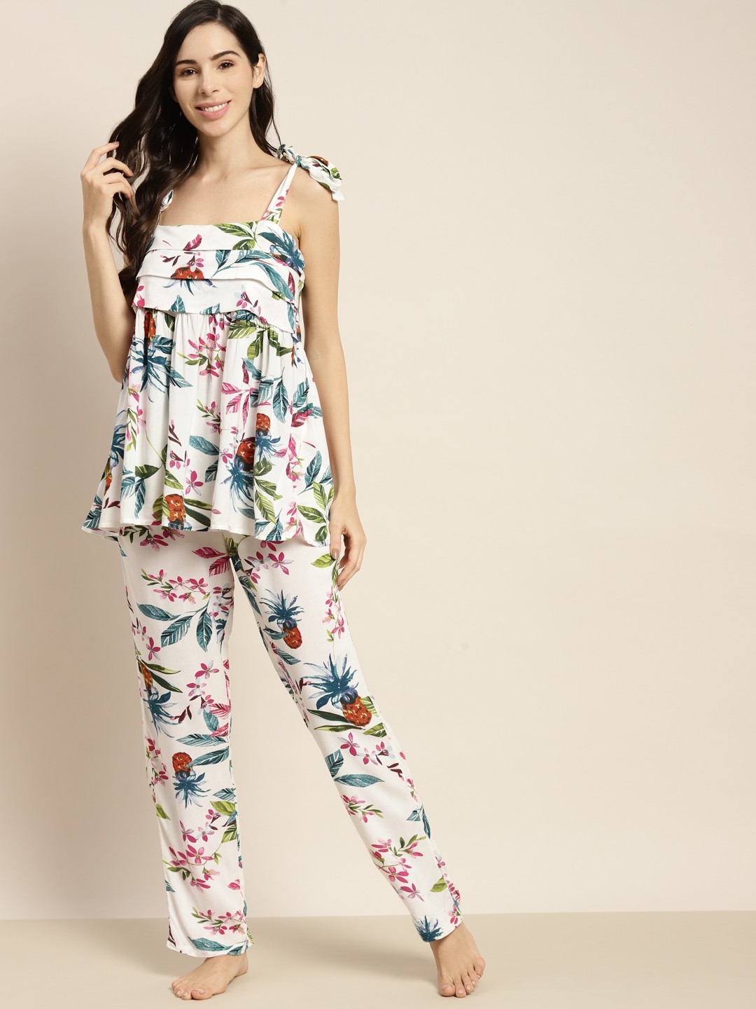 

ADORENITE Women White & Navy Blue Printed Night suit