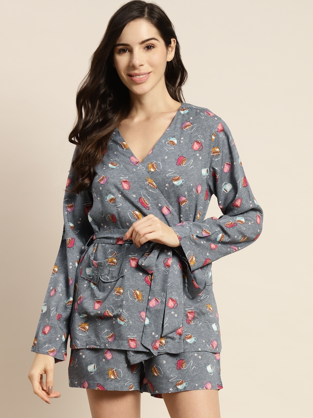 

ADORENITE Women Grey Printed Night suit