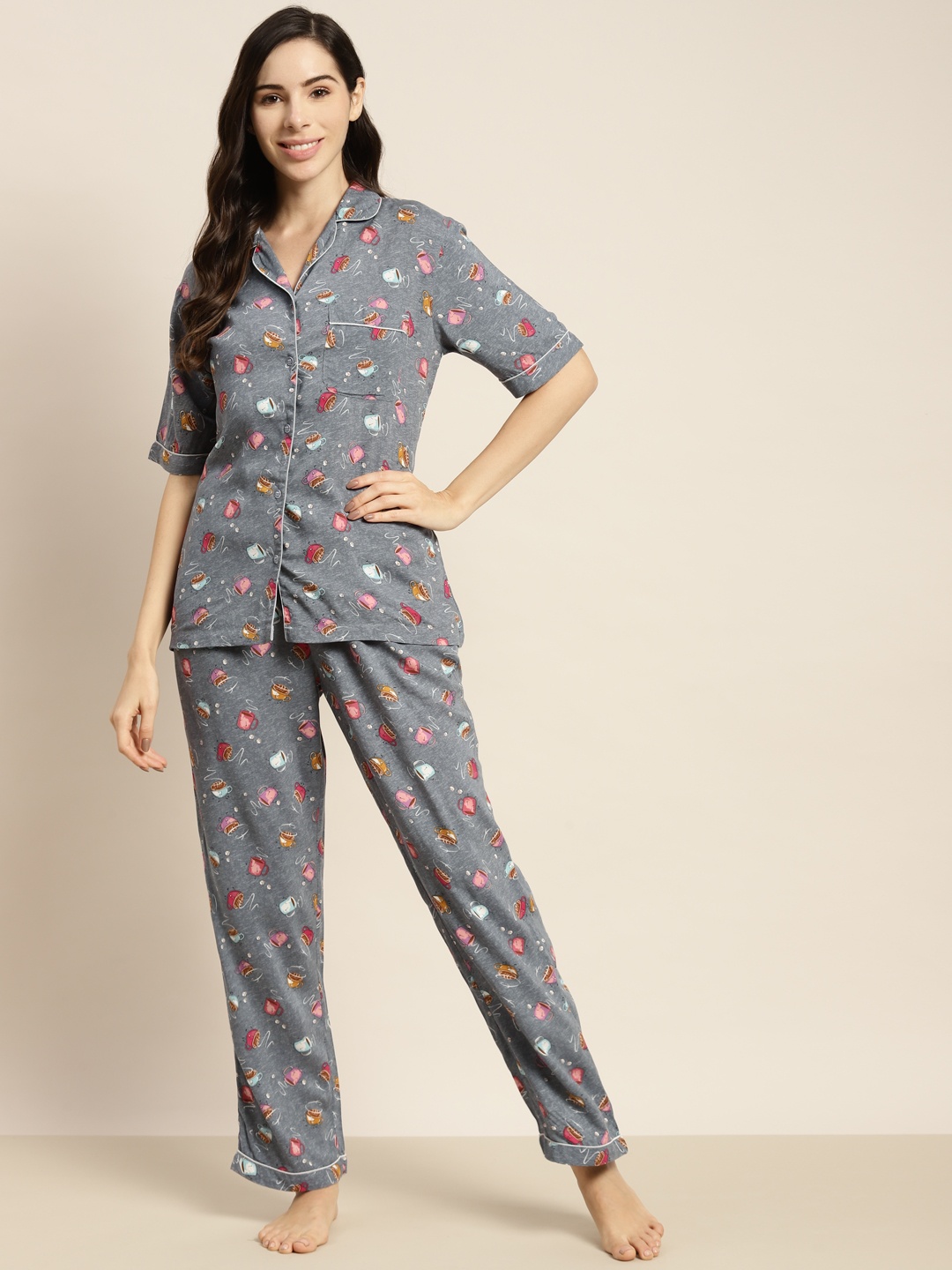 

ADORENITE Women Grey Printed Night suit
