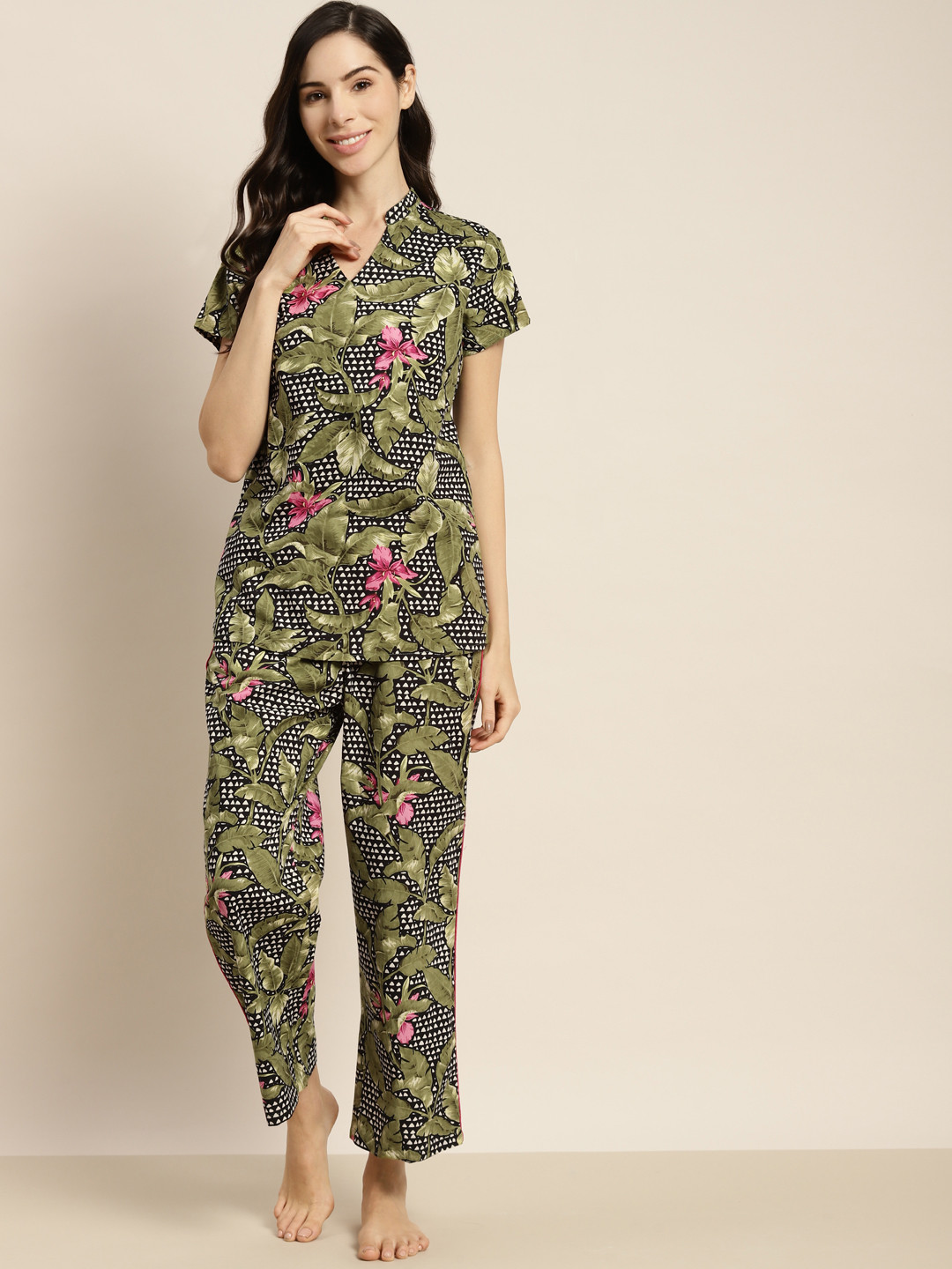 

ADORENITE Women Black & Olive Green Printed Cotton Night suit