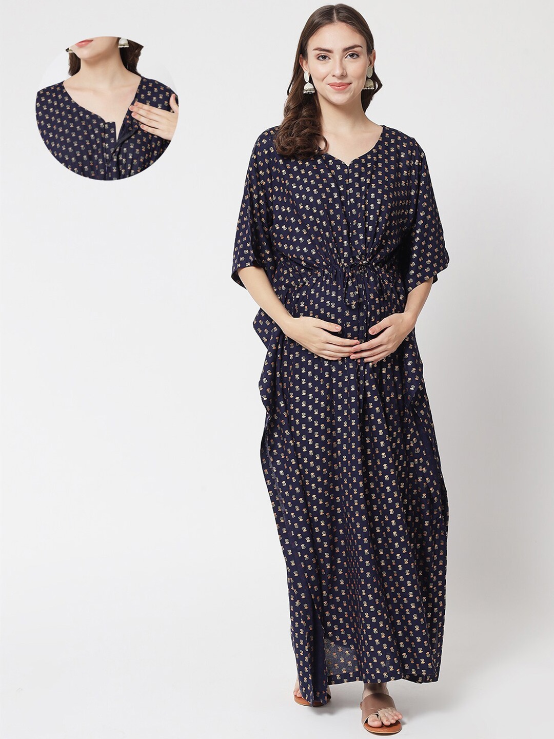 

Aujjessa Navy Blue Floral Maternity Kaftan Maxi Dress