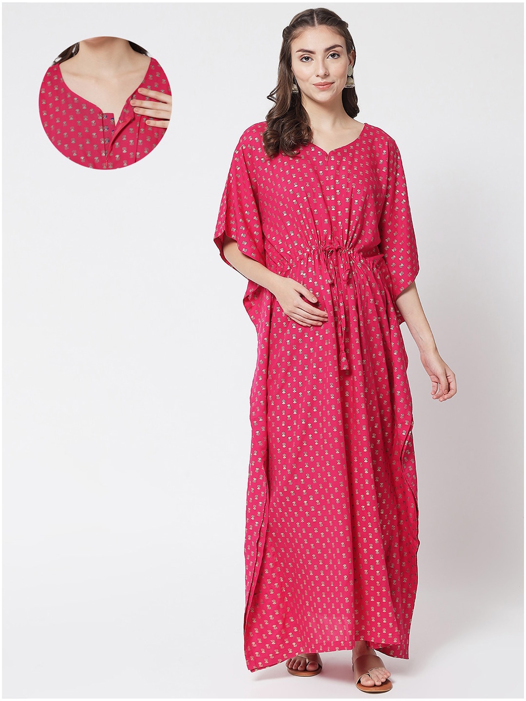 

Aujjessa Fuchsia & Golden Ethnic Motifs Foil Printed Maternity Kaftan Dress