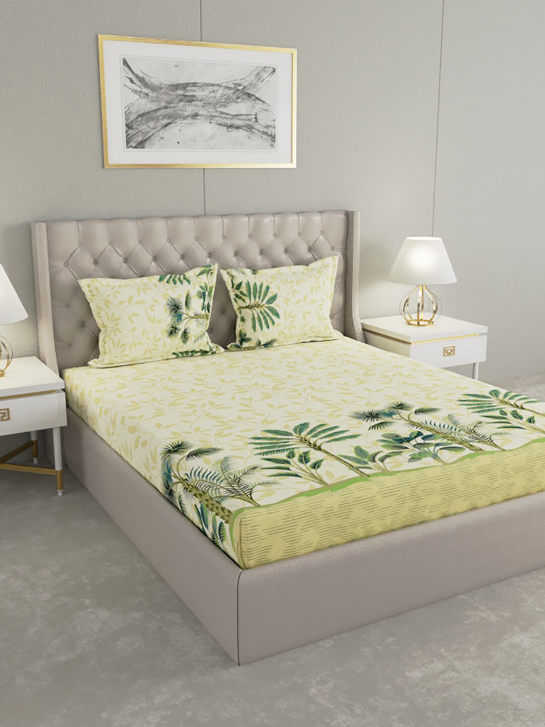 

Raymond Home White & Green 200 TC King Floral Printed Cotton Bedsheet with 2 Pillow Covers